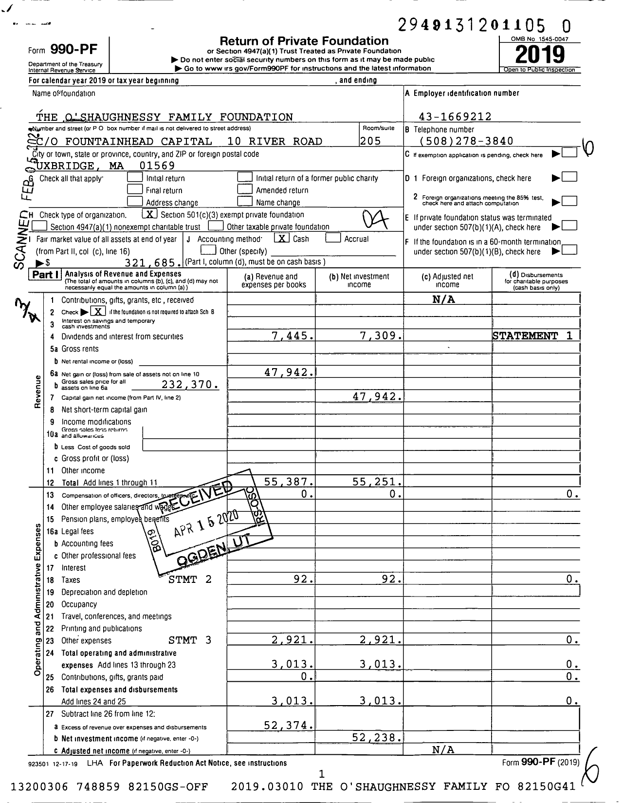 Image of first page of 2019 Form 990PF for The O'Shaughnessy Family Foundation