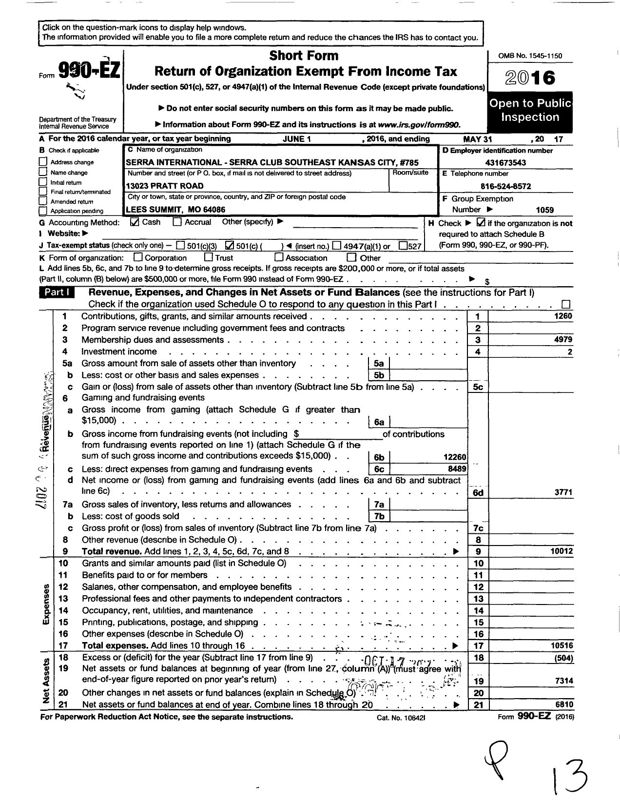 Image of first page of 2016 Form 990EO for Serra International - 785 Southeast Kansas City Club