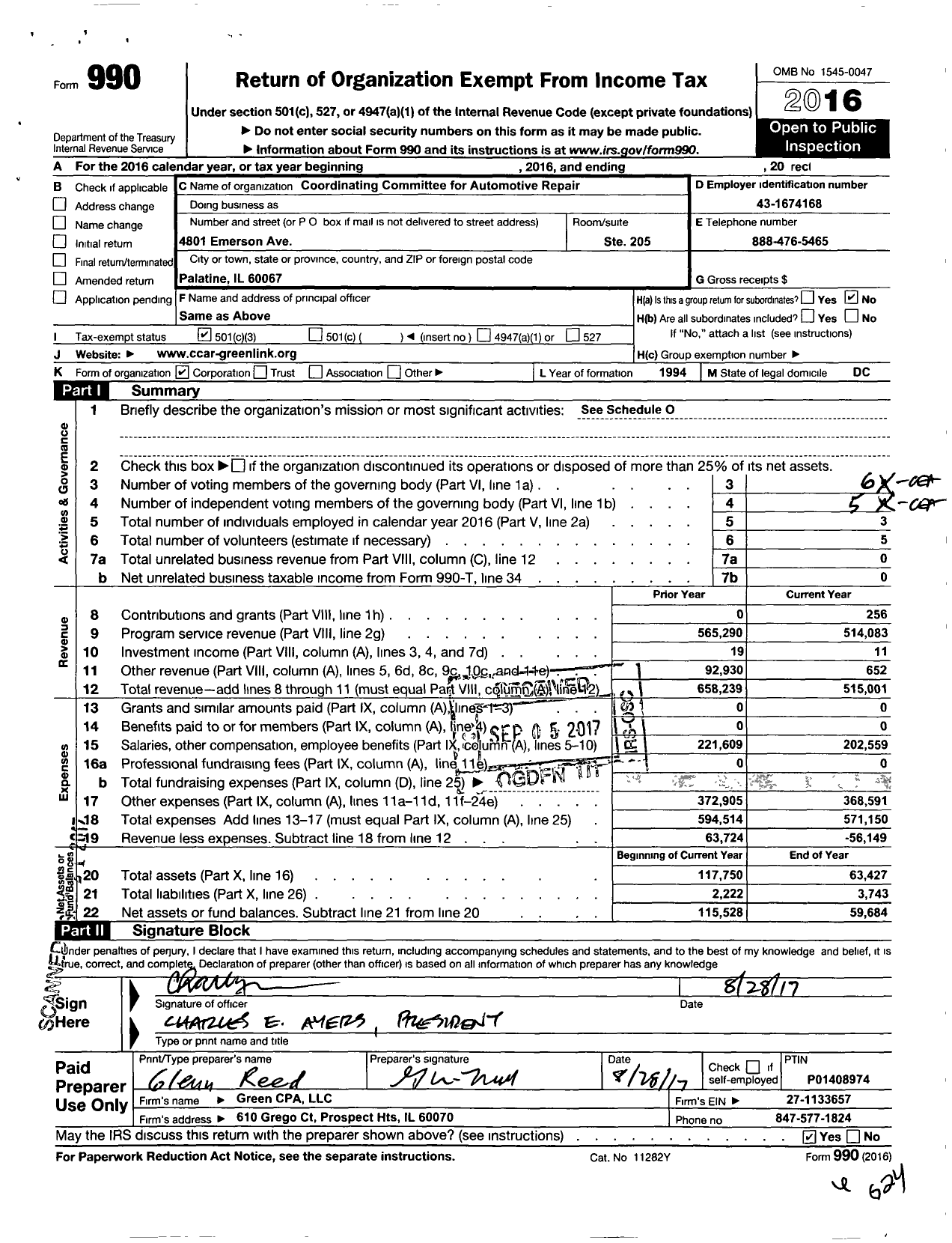 Image of first page of 2016 Form 990 for Coordinating Committee for Automotive Repair (CCAR)