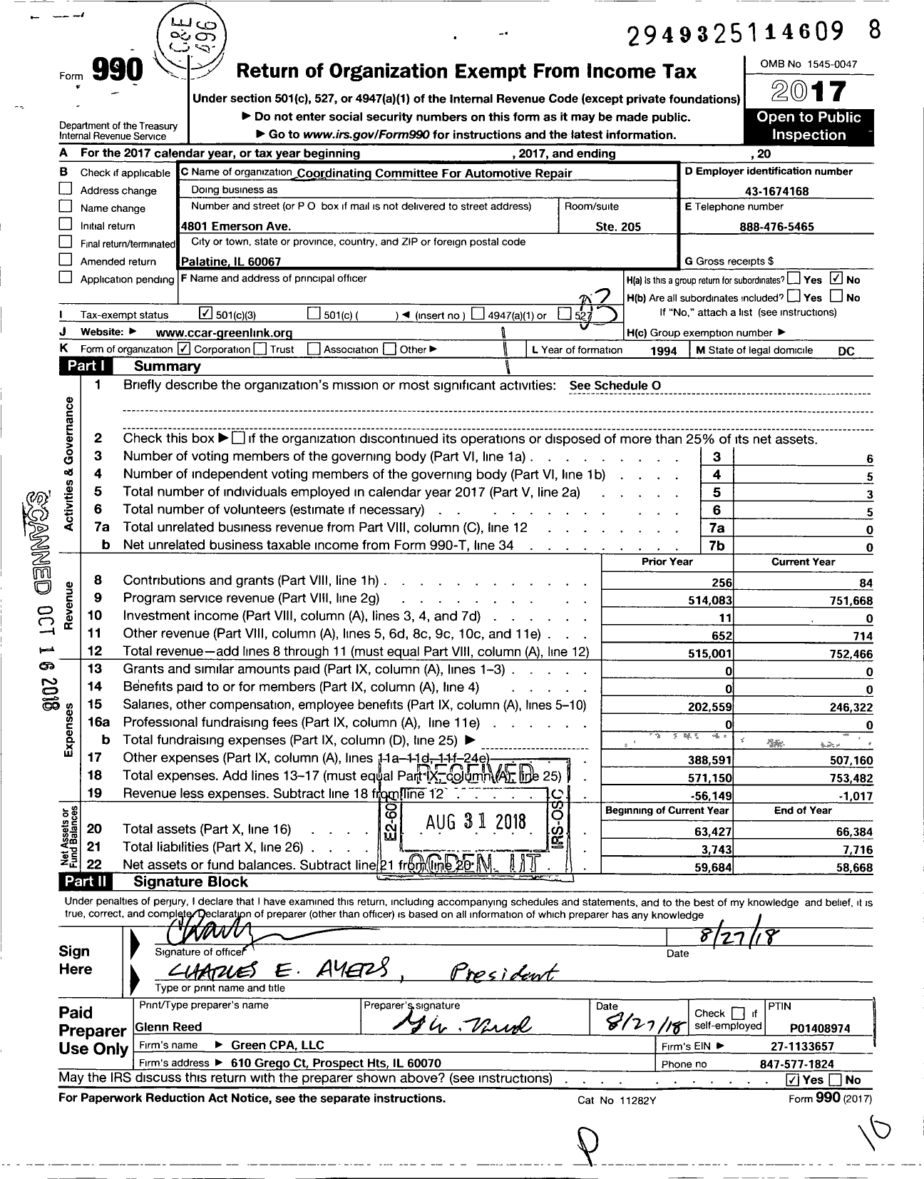 Image of first page of 2017 Form 990 for Coordinating Committee for Automotive Repair (CCAR)