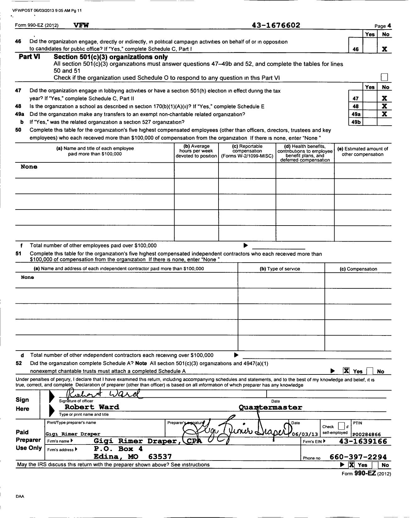 Image of first page of 2012 Form 990EZ for VFW Missouri - 4822 Knox County Post