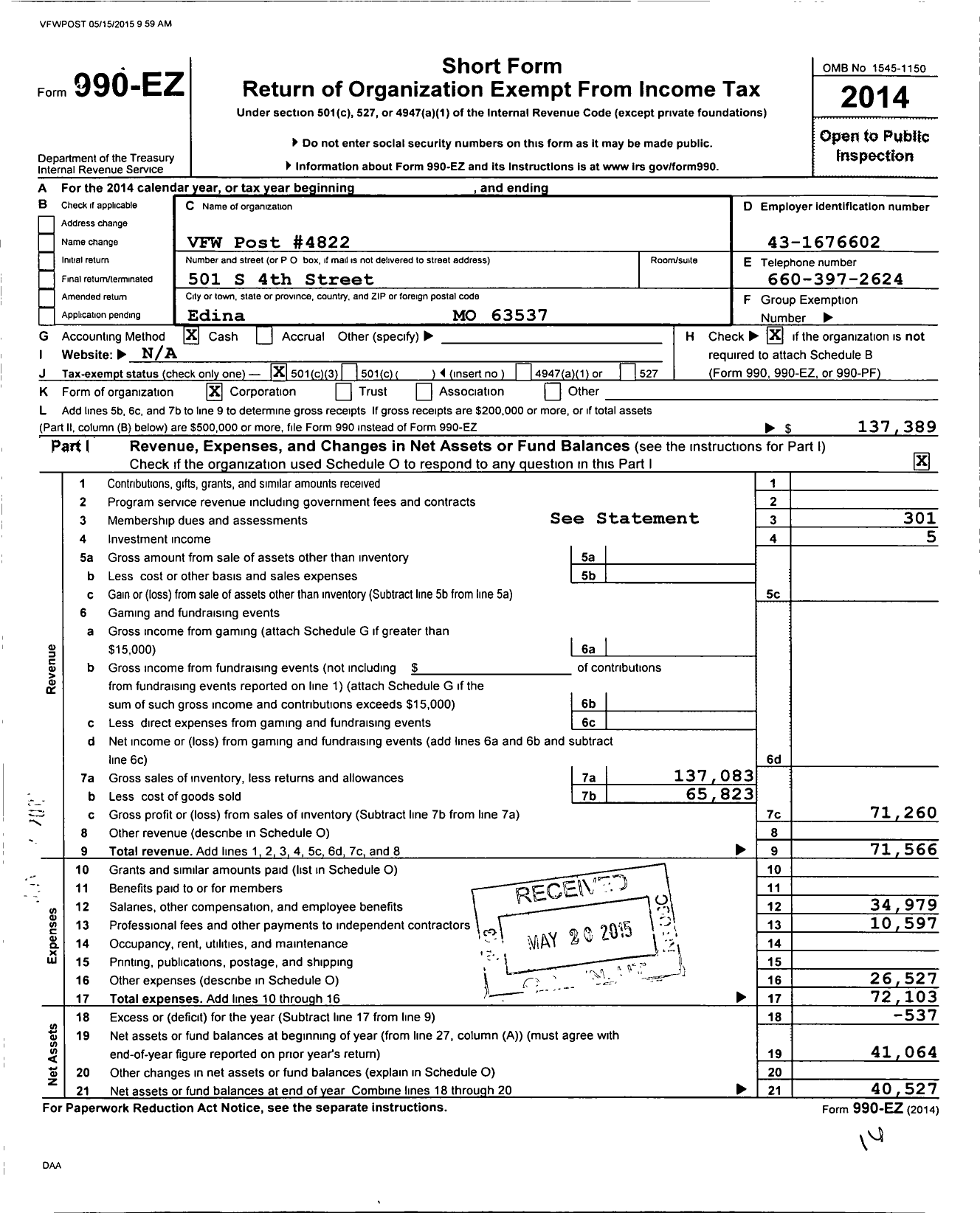 Image of first page of 2014 Form 990EZ for VFW Missouri - 4822 Knox County Post