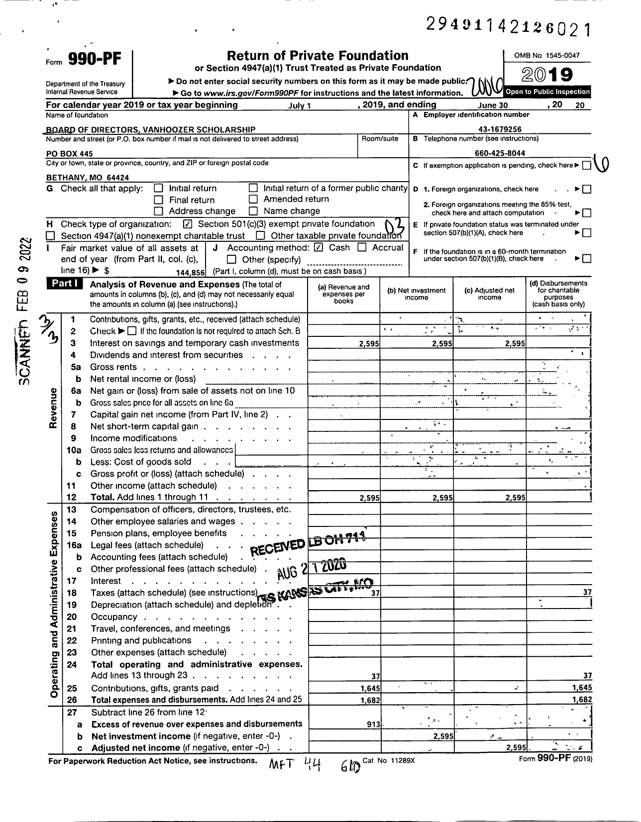 Image of first page of 2019 Form 990PF for Board of Directors Vanhoozer Scholarship