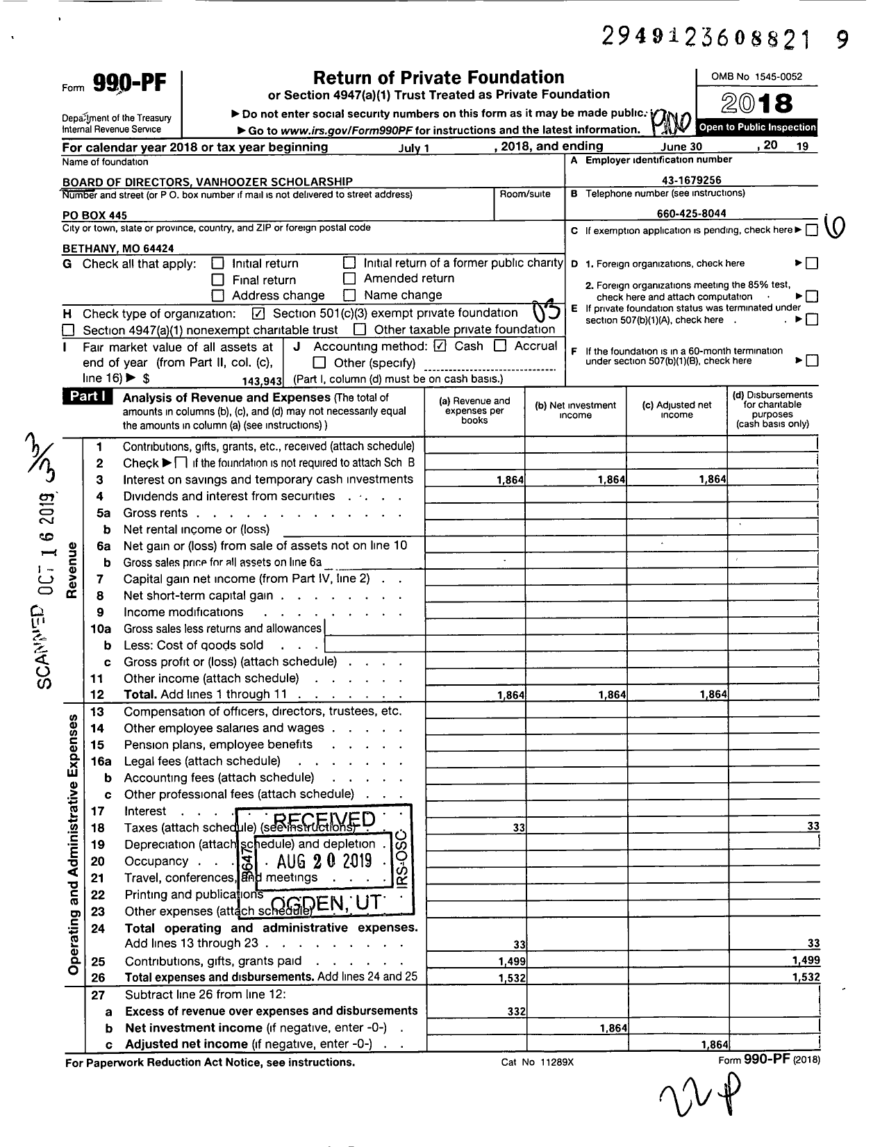 Image of first page of 2018 Form 990PF for Board of Directors Vanhoozer Scholarship