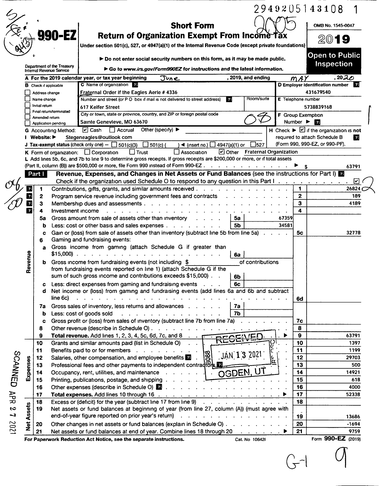 Image of first page of 2019 Form 990EO for Fraternal Order of Eagles - St Genevive Eagles