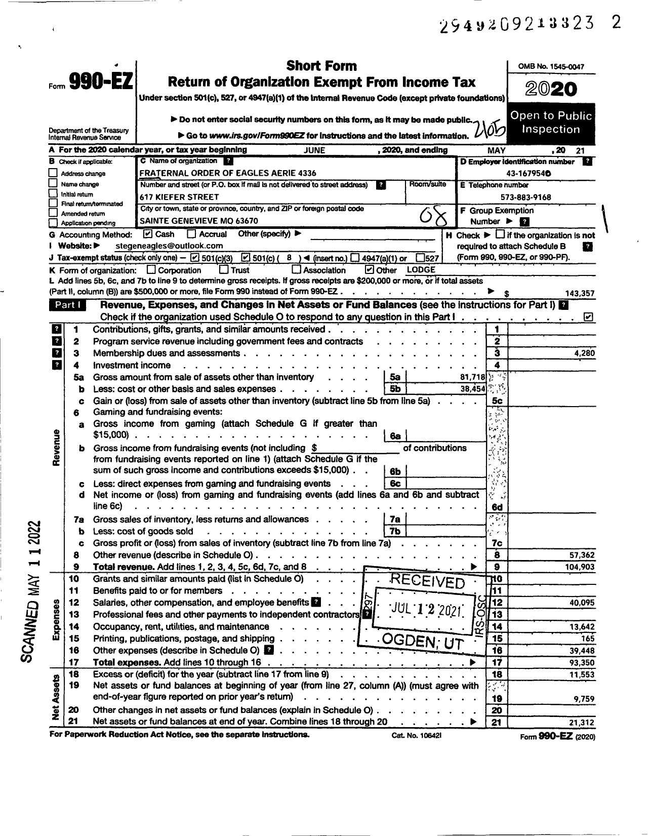 Image of first page of 2020 Form 990EO for Fraternal Order of Eagles - St Genevive Eagles