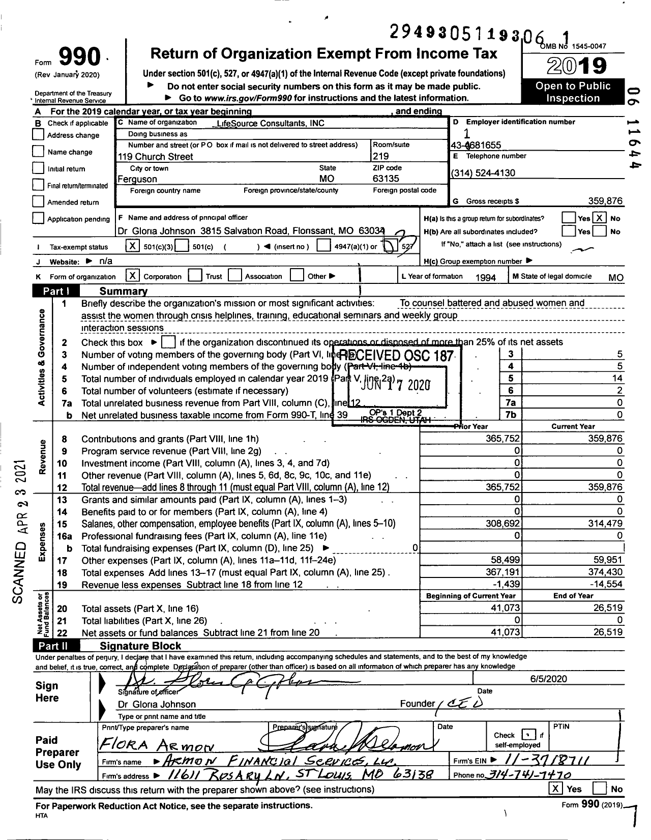 Image of first page of 2019 Form 990 for LifeSource Consultants