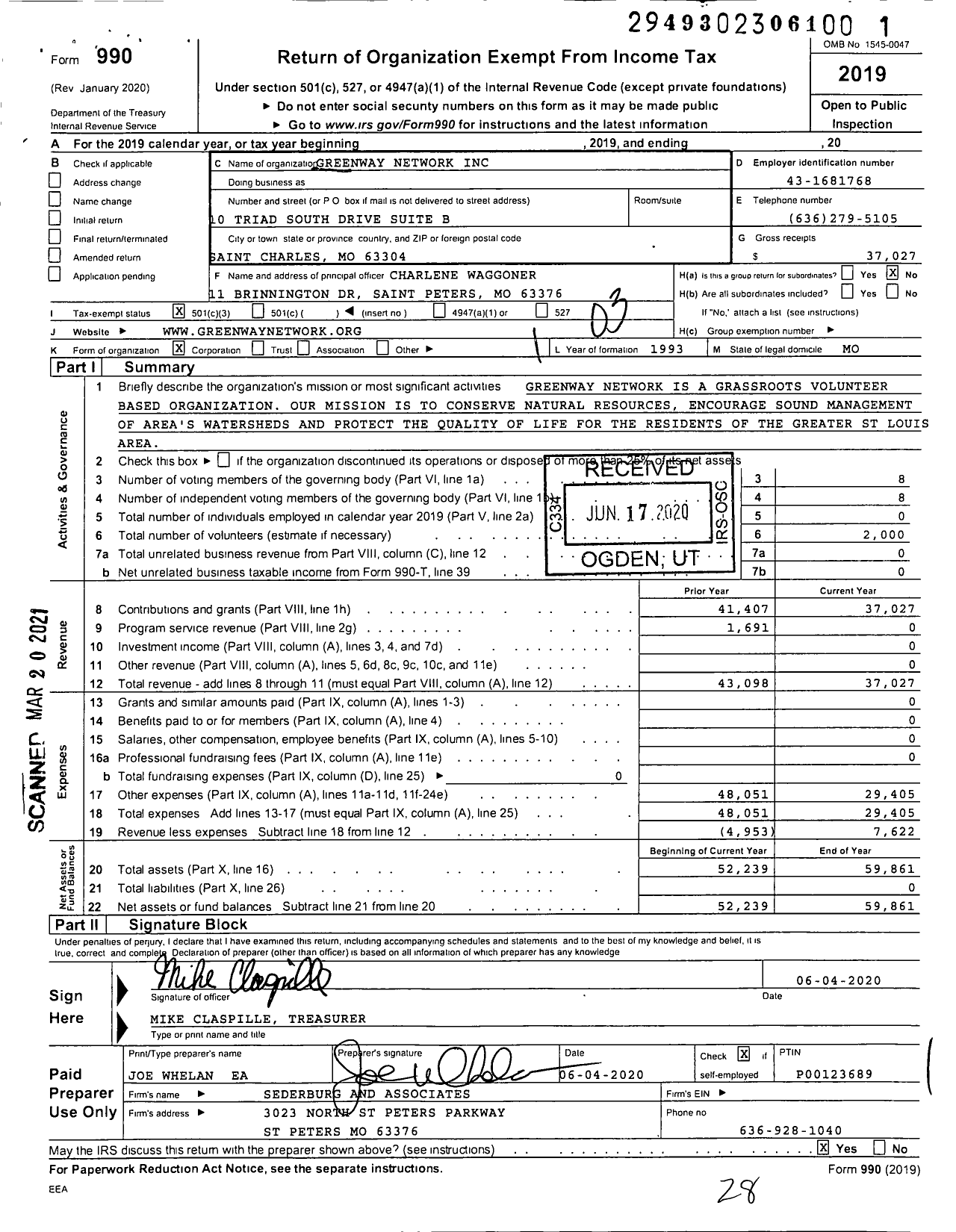 Image of first page of 2019 Form 990 for Greenway Network