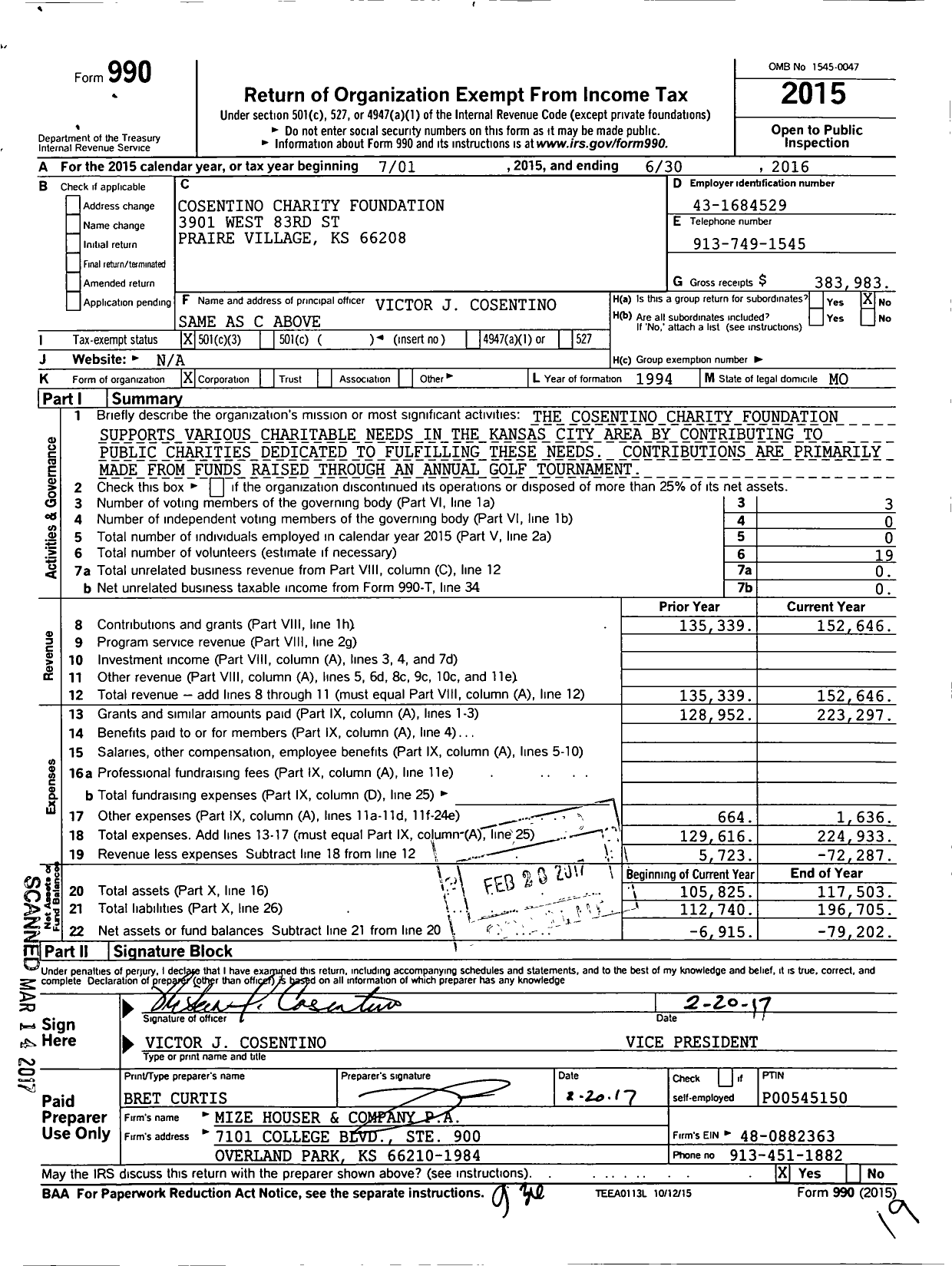 Image of first page of 2015 Form 990 for Cosentino Charity Foundation