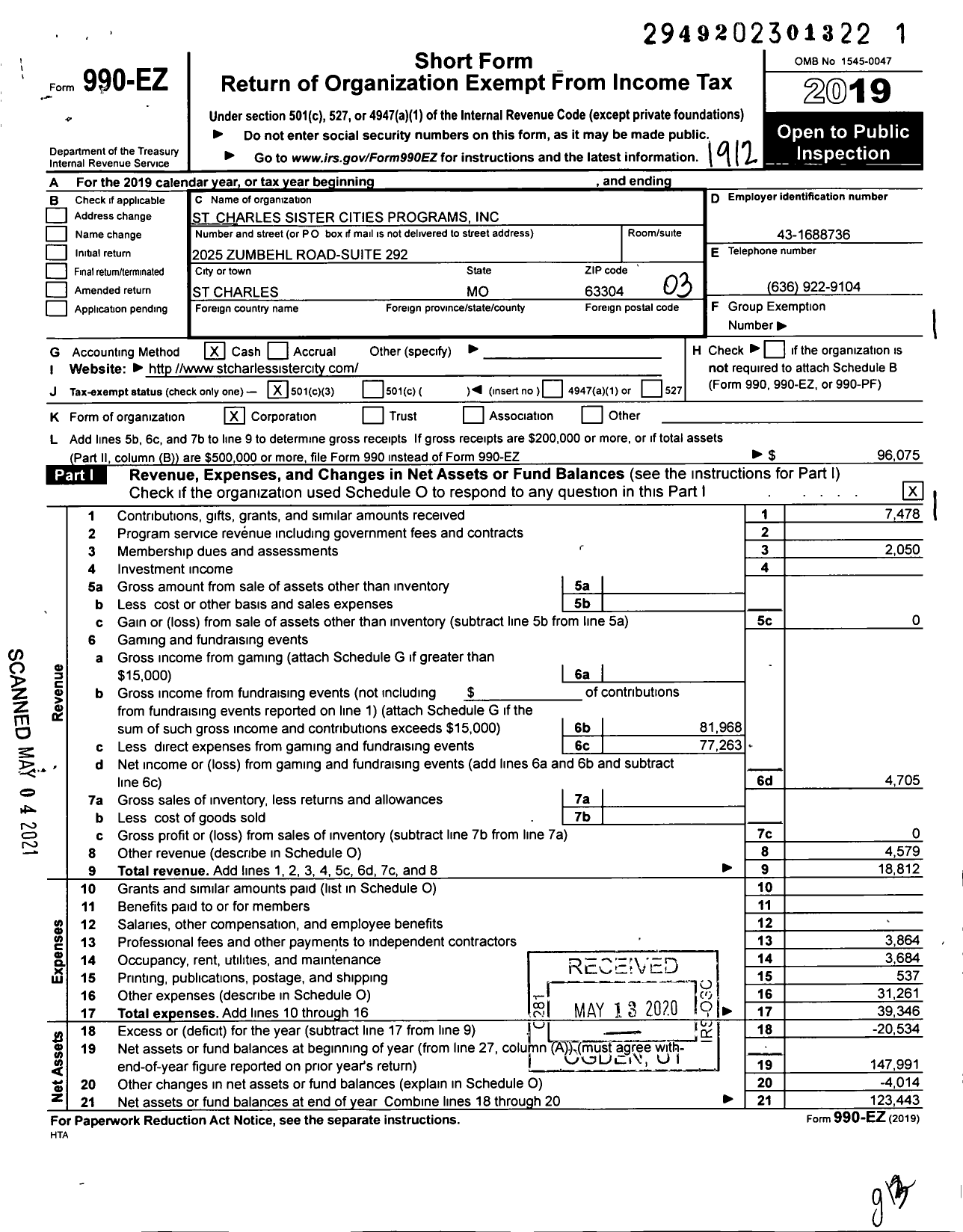 Image of first page of 2019 Form 990EZ for St Charles Sister Cities Programs