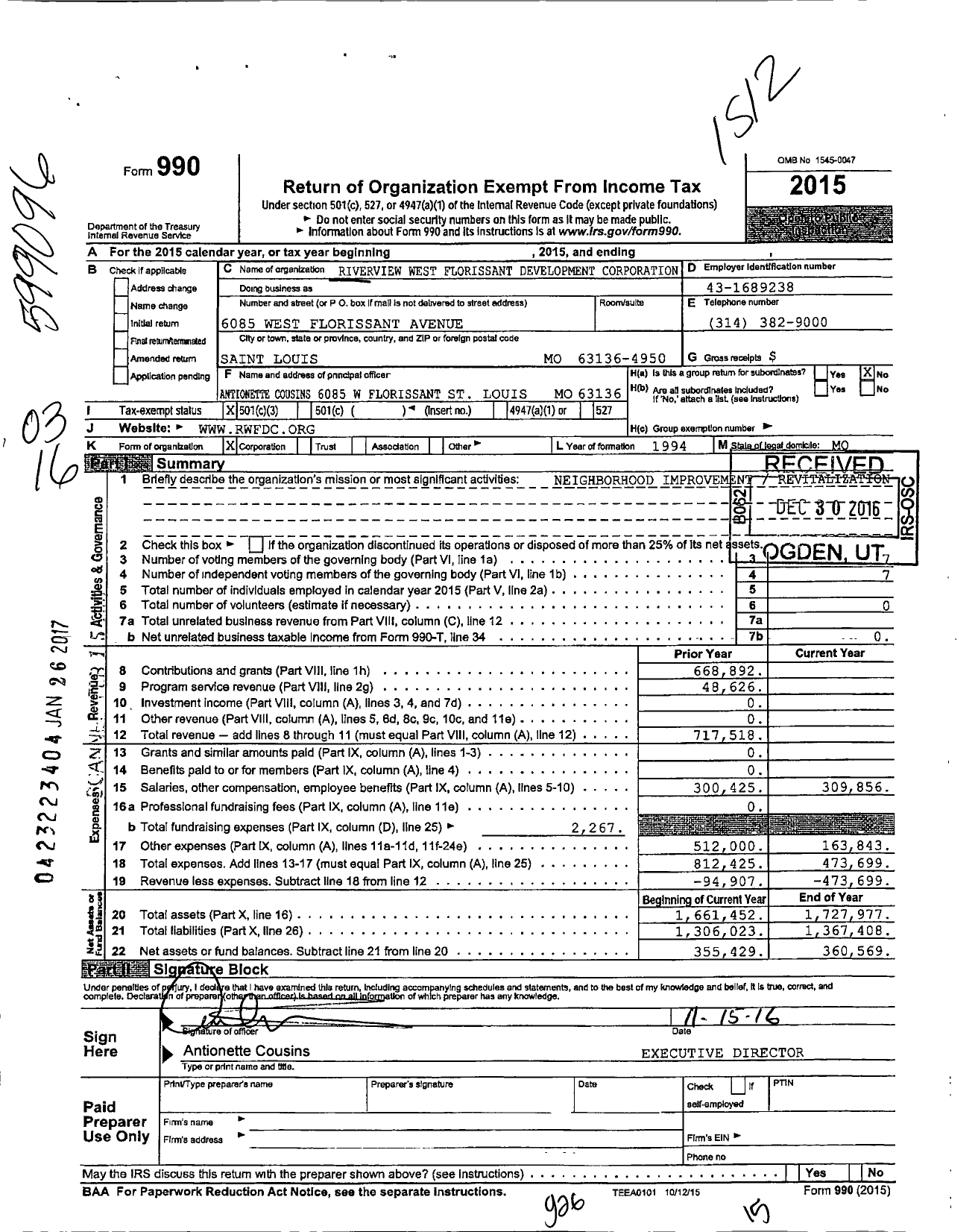 Image of first page of 2015 Form 990 for Riverview West Florissant Housing Development Corporation