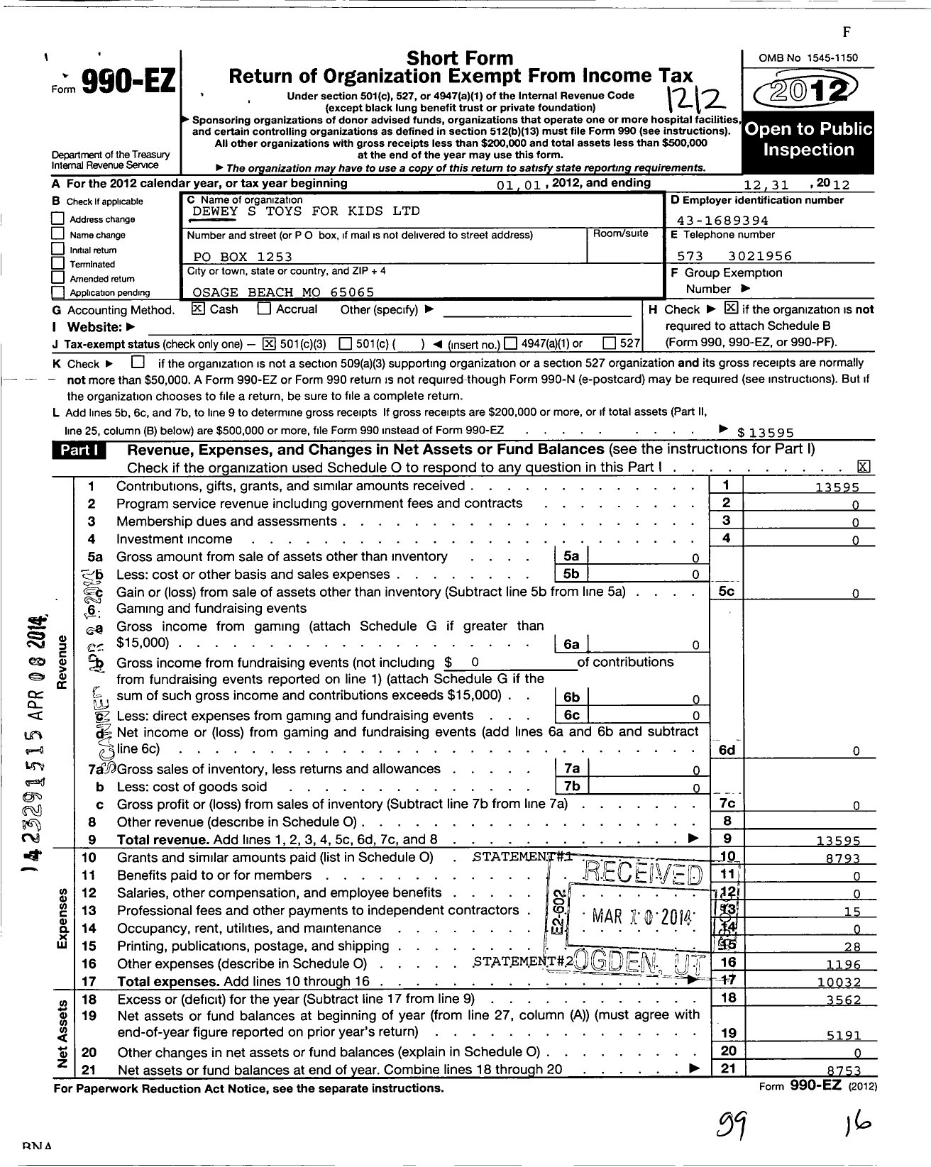 Image of first page of 2012 Form 990EZ for Deweys Toys for Kids