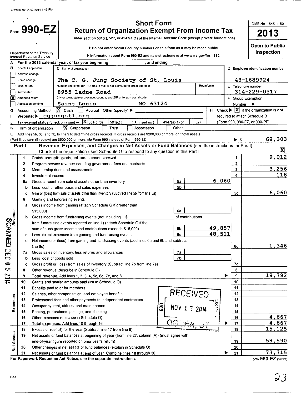 Image of first page of 2013 Form 990EZ for C G Jung Society of St Louis