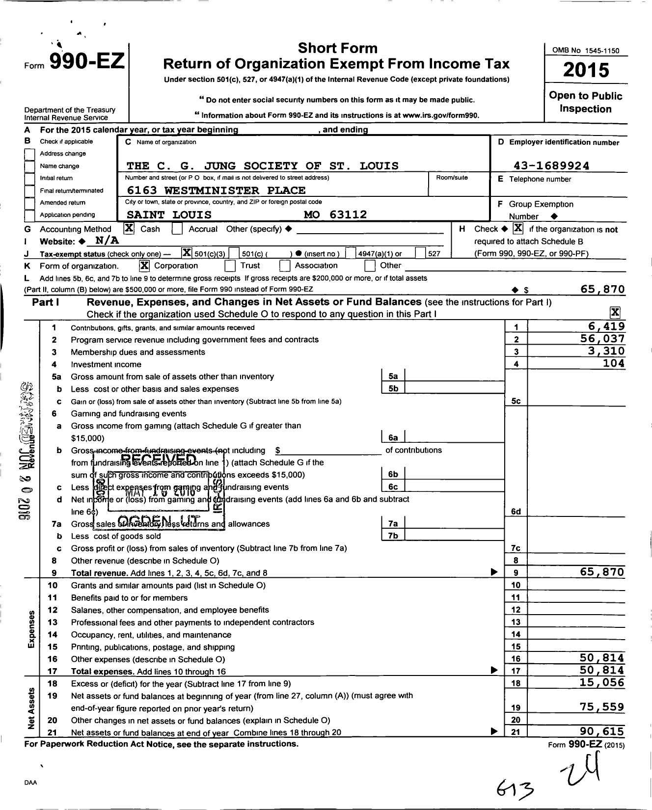 Image of first page of 2015 Form 990EZ for C G Jung Society of St Louis