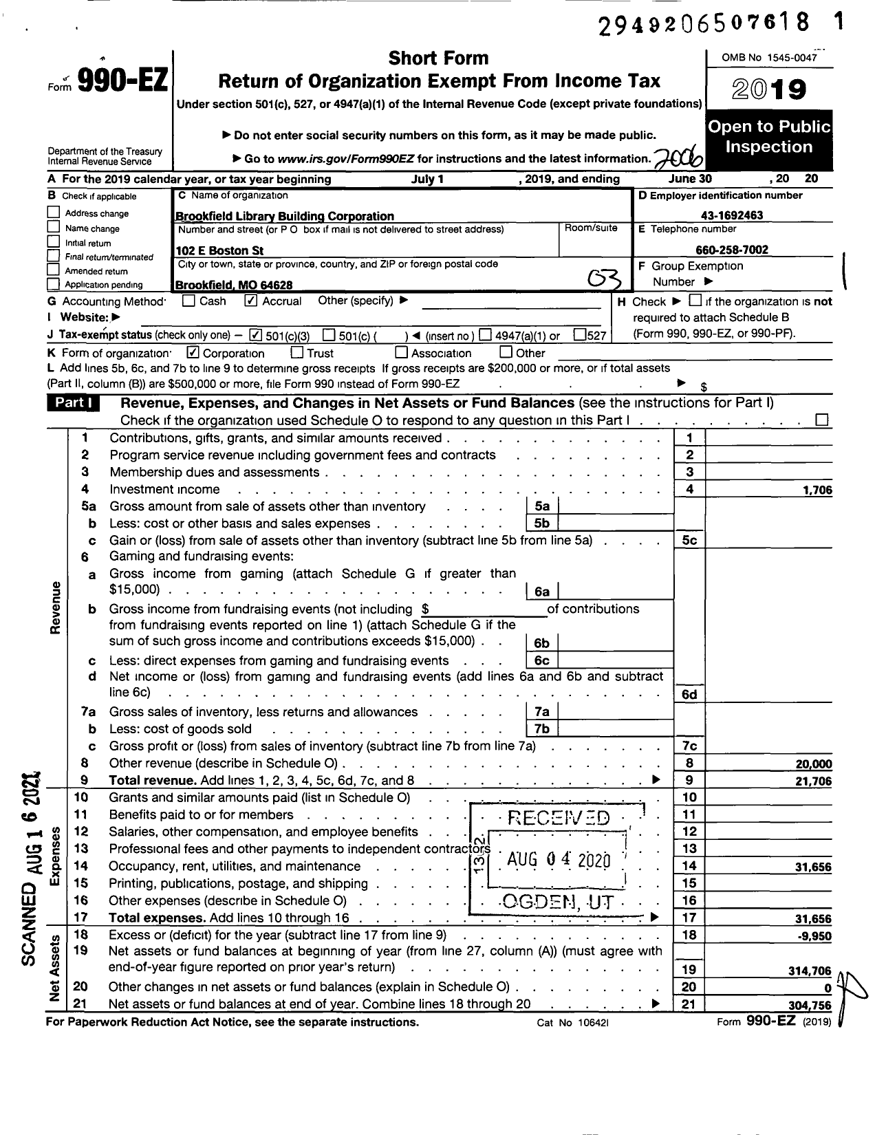 Image of first page of 2019 Form 990EZ for Brookfield Library Building Corporation