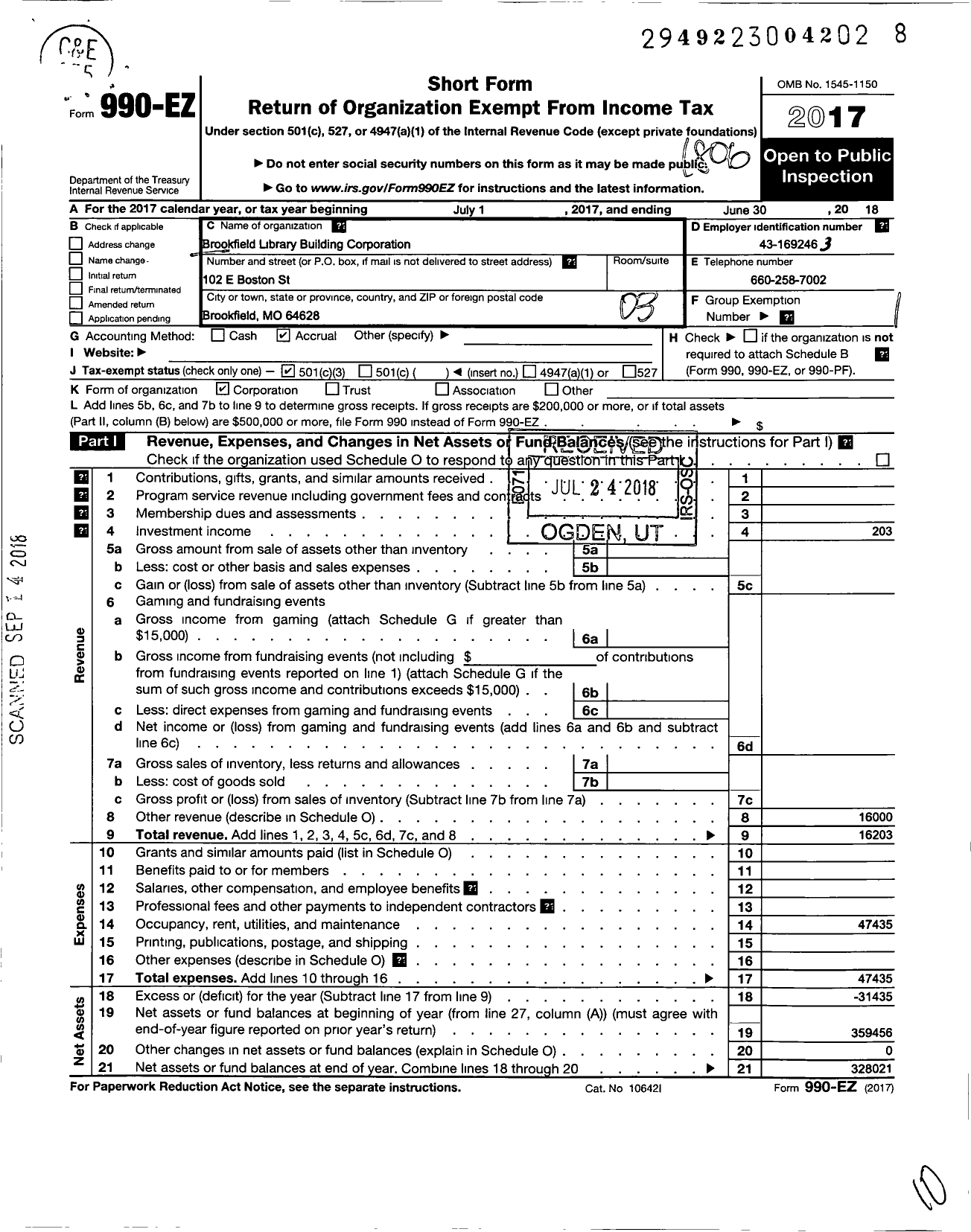 Image of first page of 2017 Form 990EZ for Brookfield Library Building Corporation