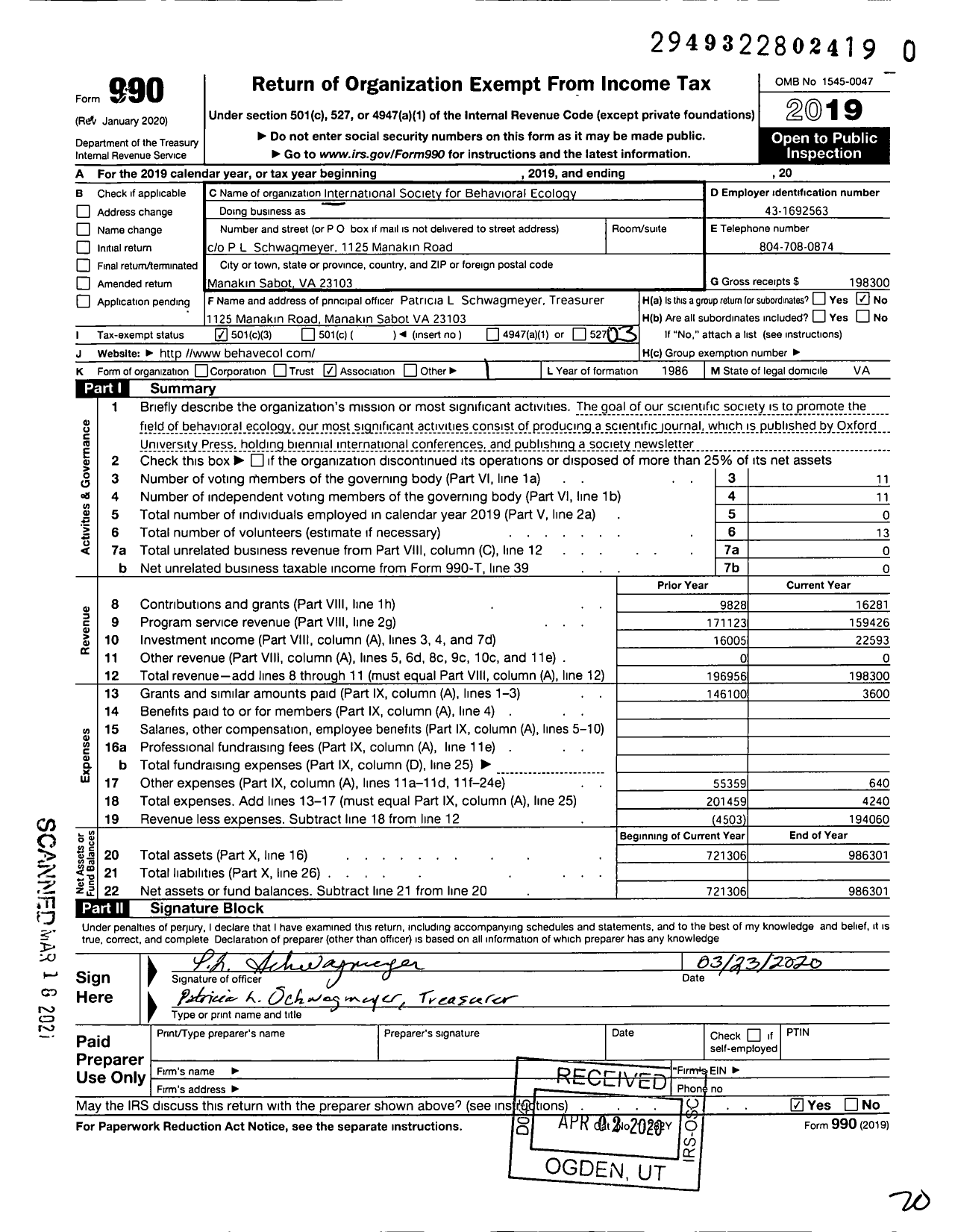 Image of first page of 2019 Form 990 for International Society for Behavioral Ecology