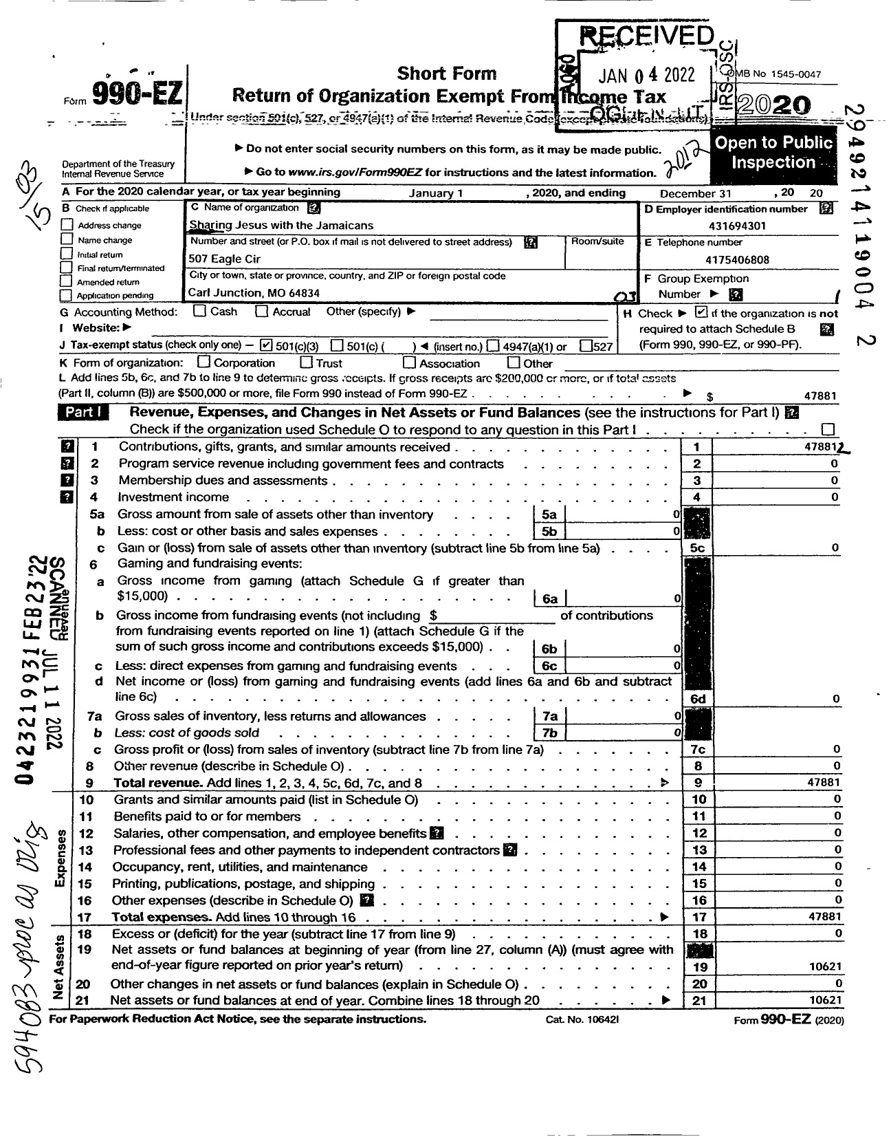 Image of first page of 2020 Form 990EZ for Sharing Jesus with the Jamaicans