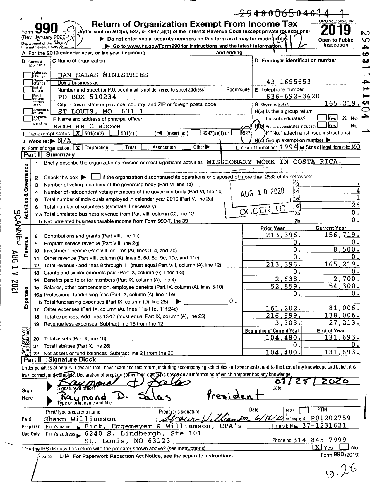 Image of first page of 2019 Form 990 for Dan Salas Ministries
