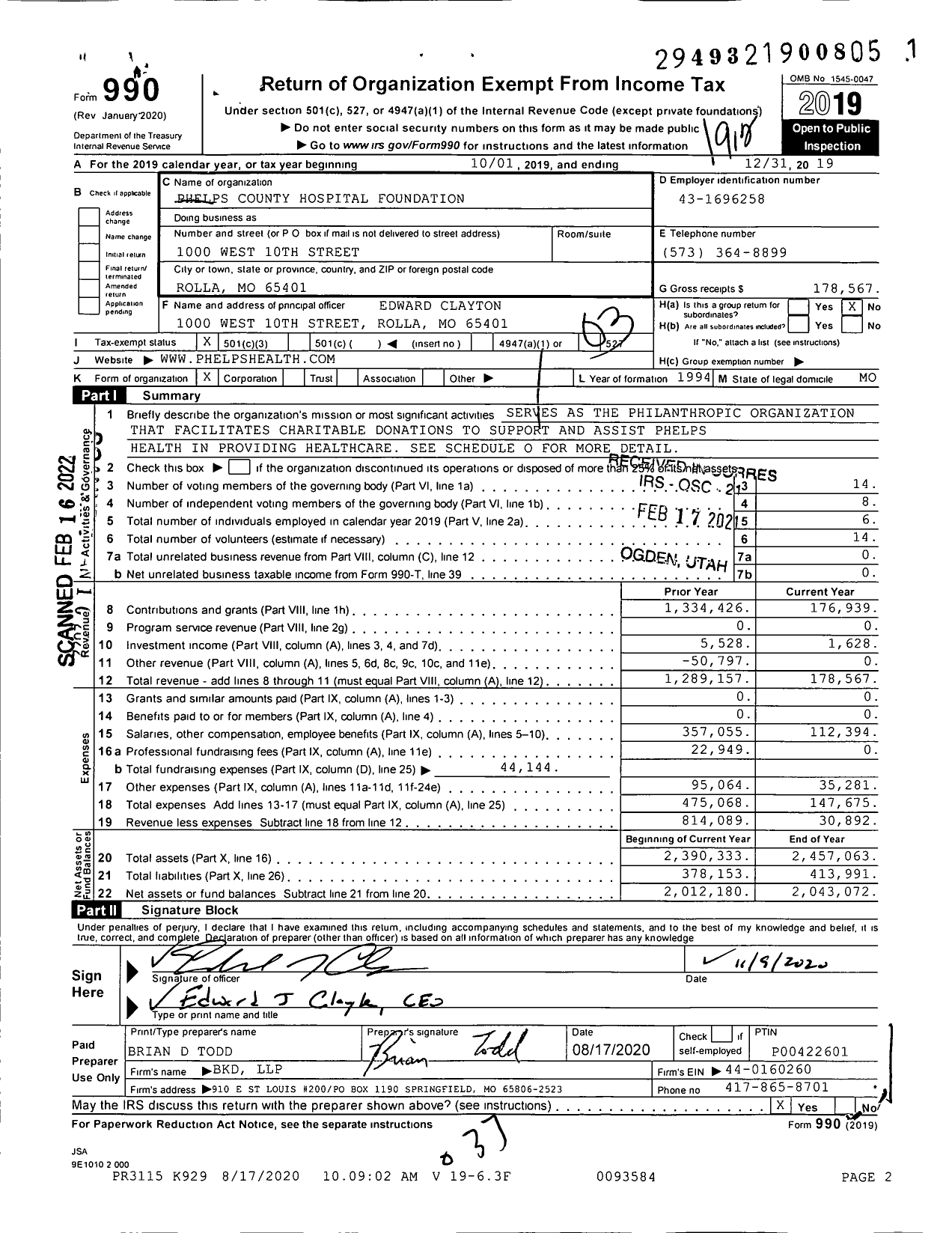 Image of first page of 2019 Form 990 for Phelps County Hospital Foundation