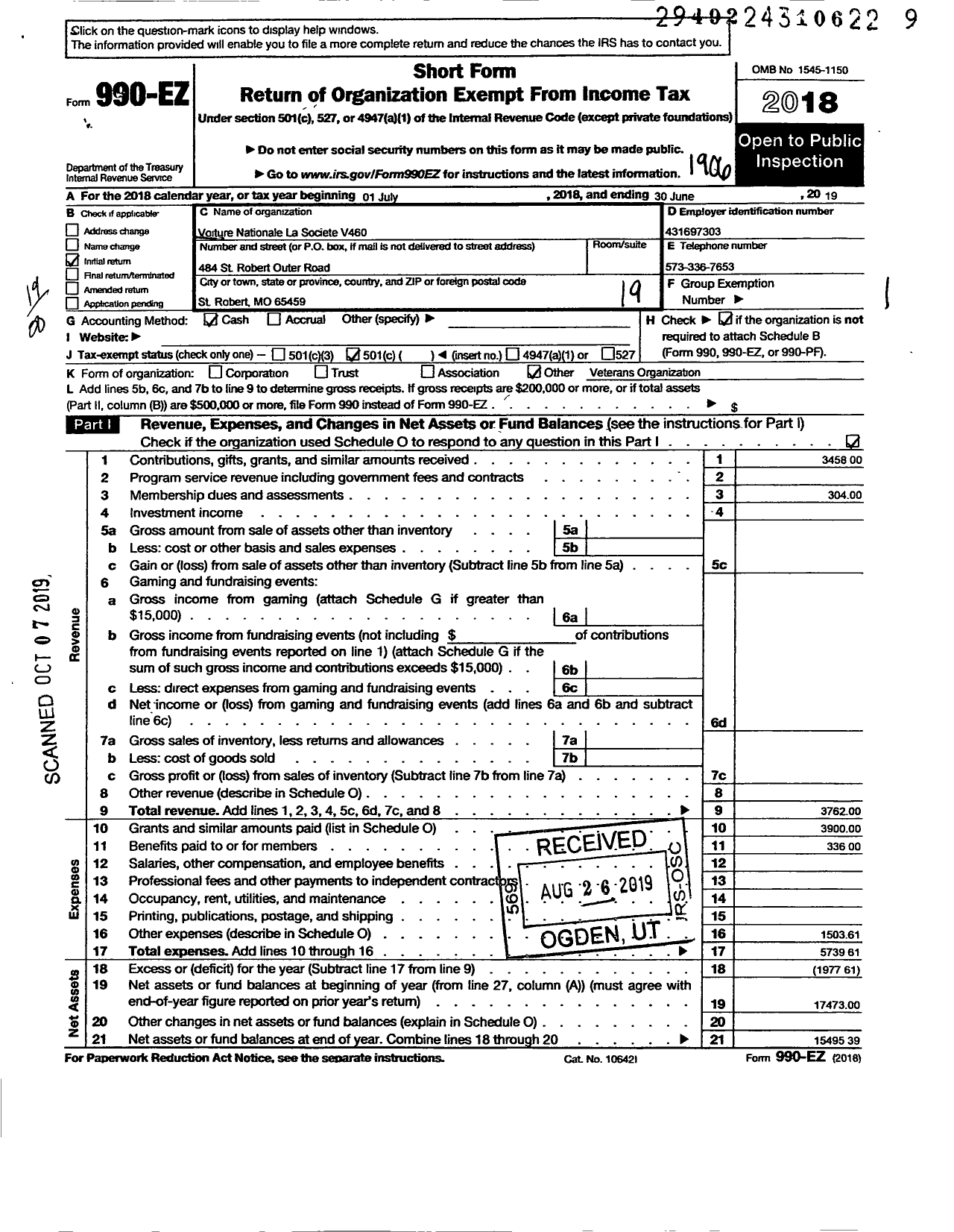 Image of first page of 2018 Form 990EO for The Forty and Eight - 460 Voiture Locale