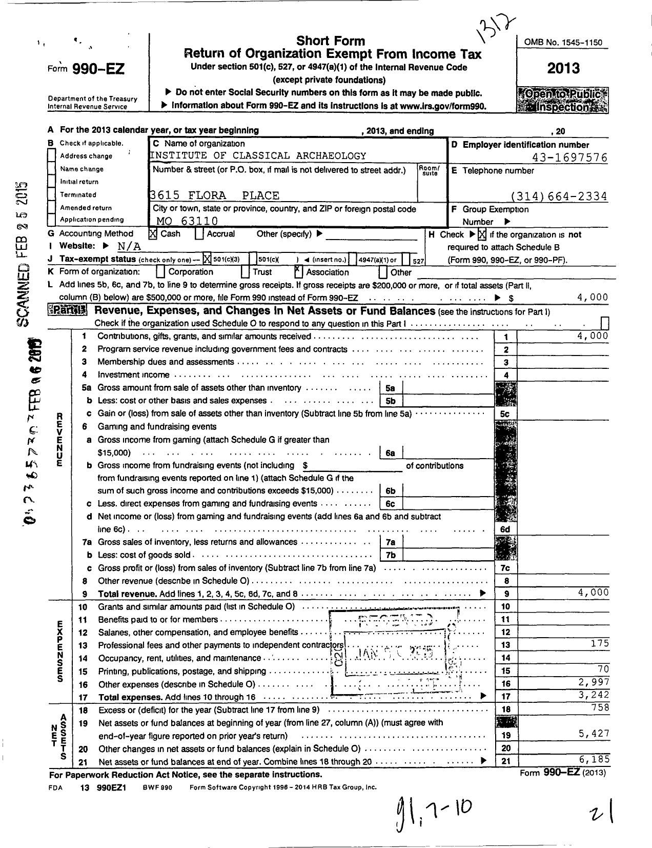 Image of first page of 2013 Form 990EZ for Institute of Classical Archaeology