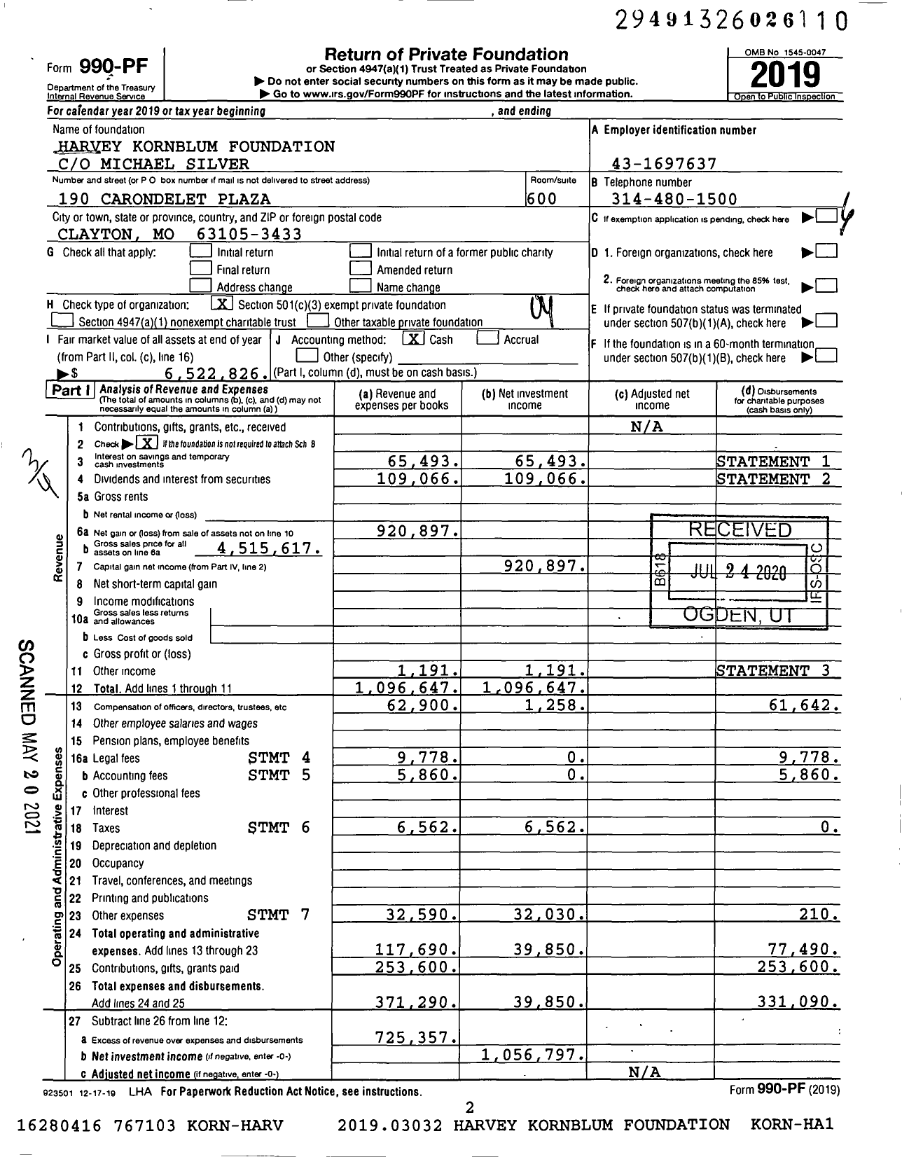 Image of first page of 2019 Form 990PF for Harvey Kornblum Foundation