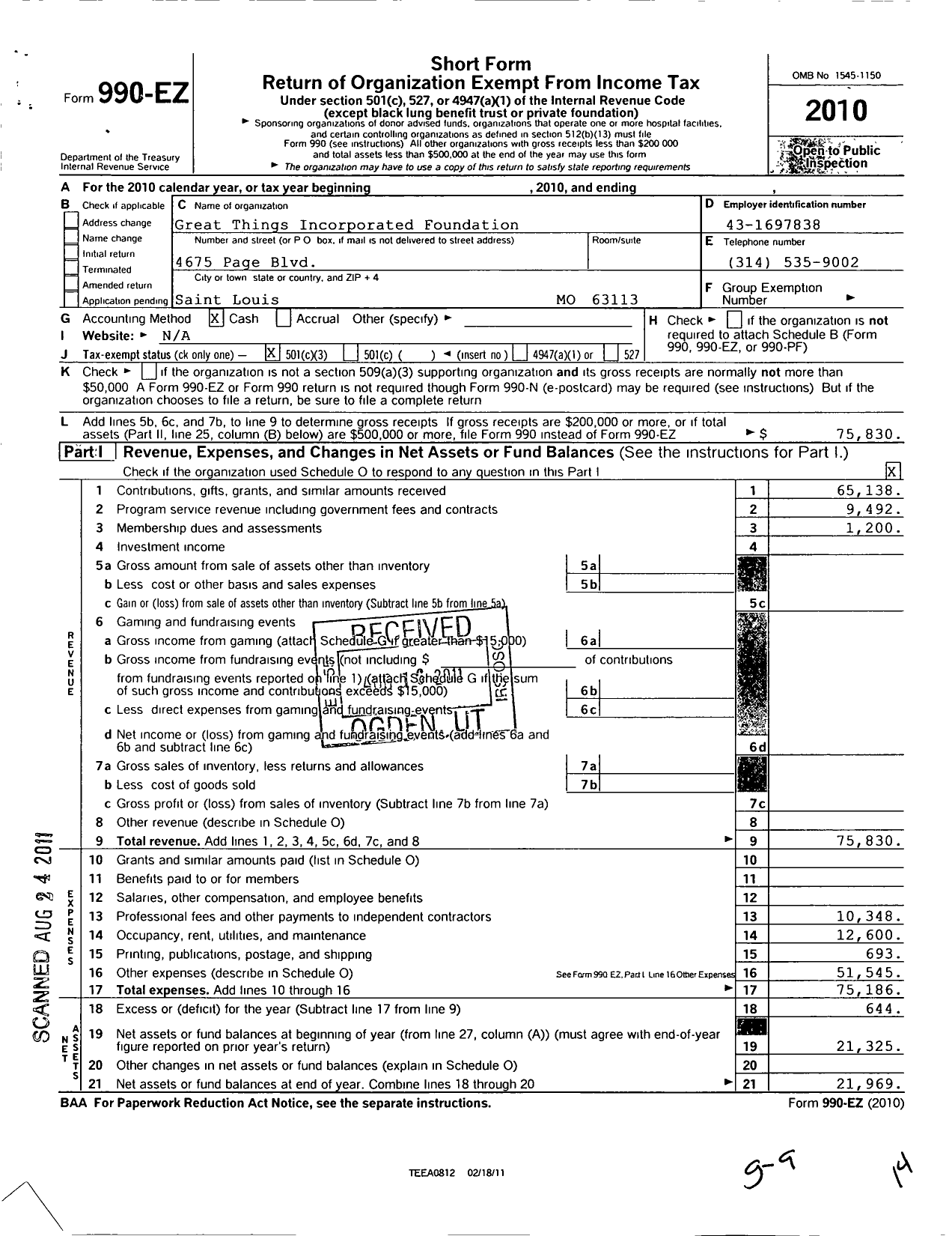 Image of first page of 2010 Form 990EZ for Great Things Incorporated Foundation