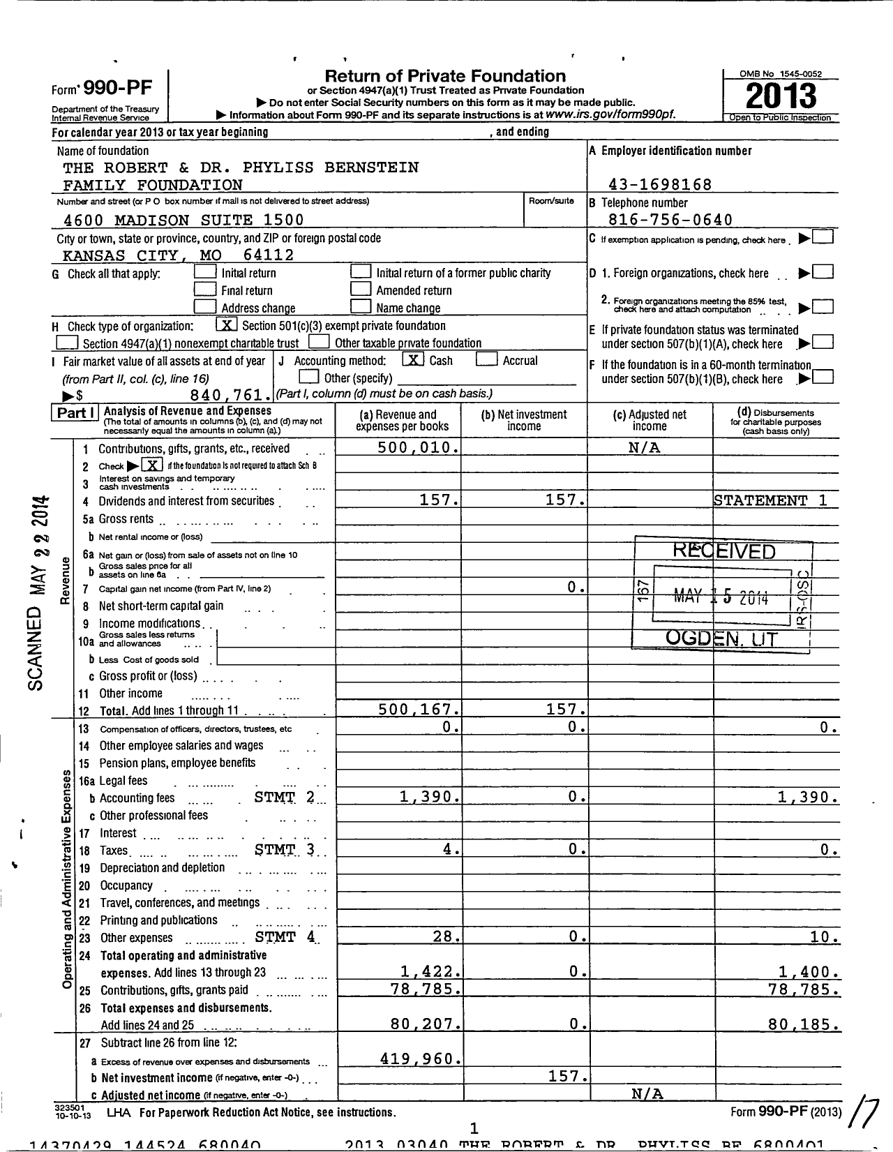 Image of first page of 2013 Form 990PF for Robert and Dr Phyliss Bernstein Family Foundation