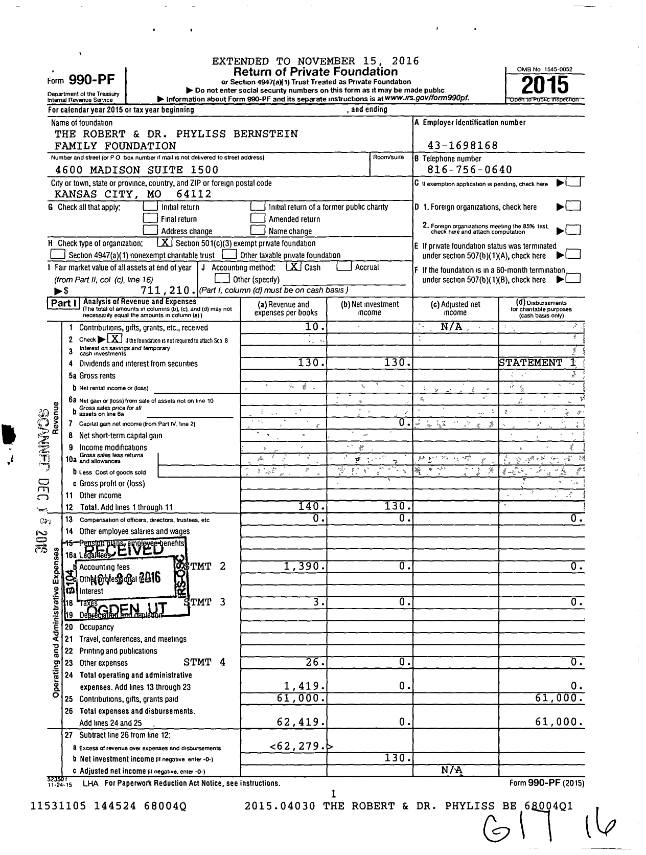 Image of first page of 2015 Form 990PF for Robert and Dr Phyliss Bernstein Family Foundation