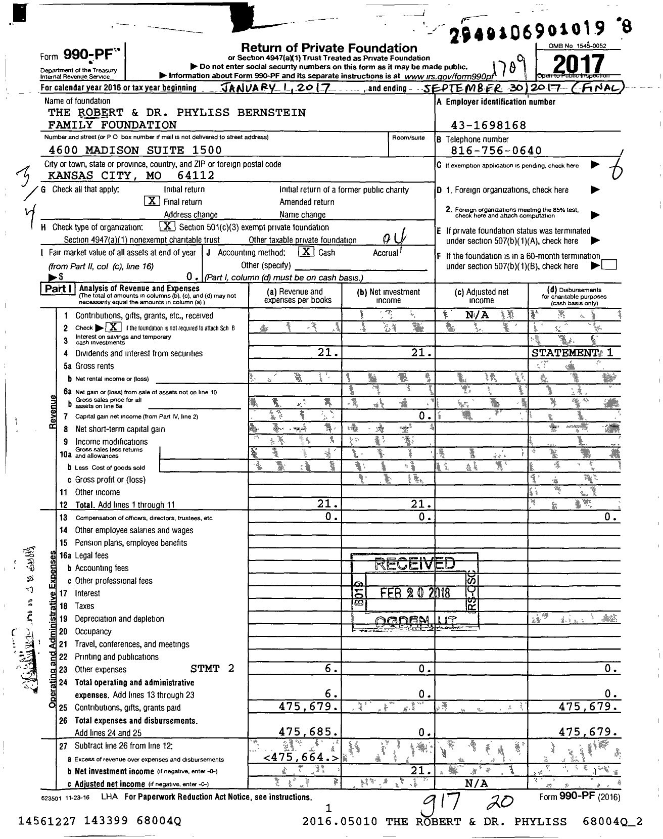 Image of first page of 2016 Form 990PF for Robert and Dr Phyliss Bernstein Family Foundation