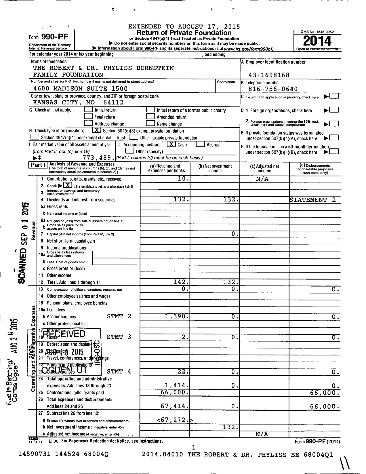 Image of first page of 2014 Form 990PF for Robert and Dr Phyliss Bernstein Family Foundation