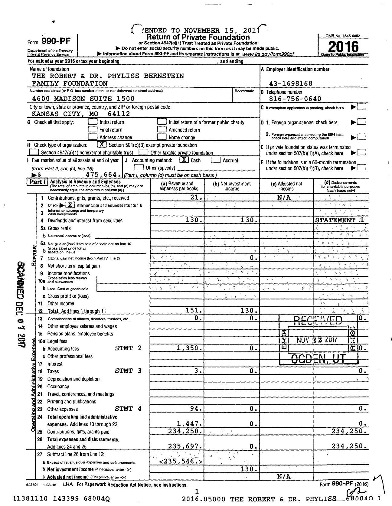 Image of first page of 2016 Form 990PF for Robert and Dr Phyliss Bernstein Family Foundation