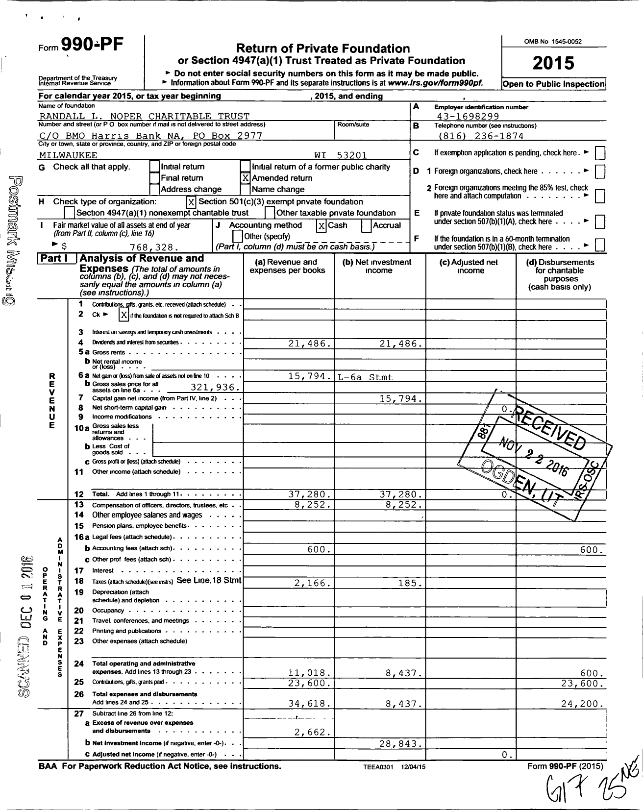 Image of first page of 2015 Form 990PF for Randall L Noper Charitable Trust