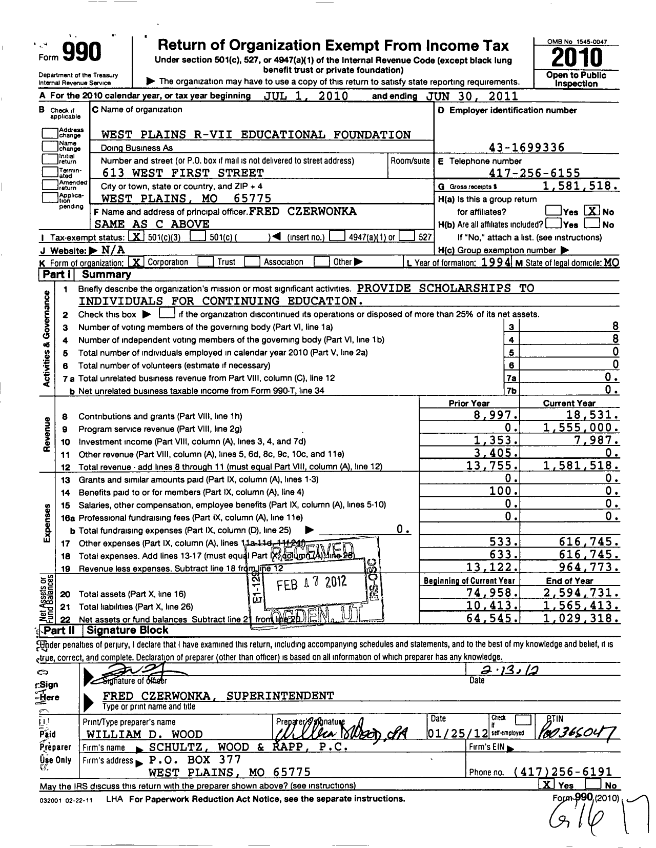 Image of first page of 2010 Form 990 for West Plains R7 Educational Foundation