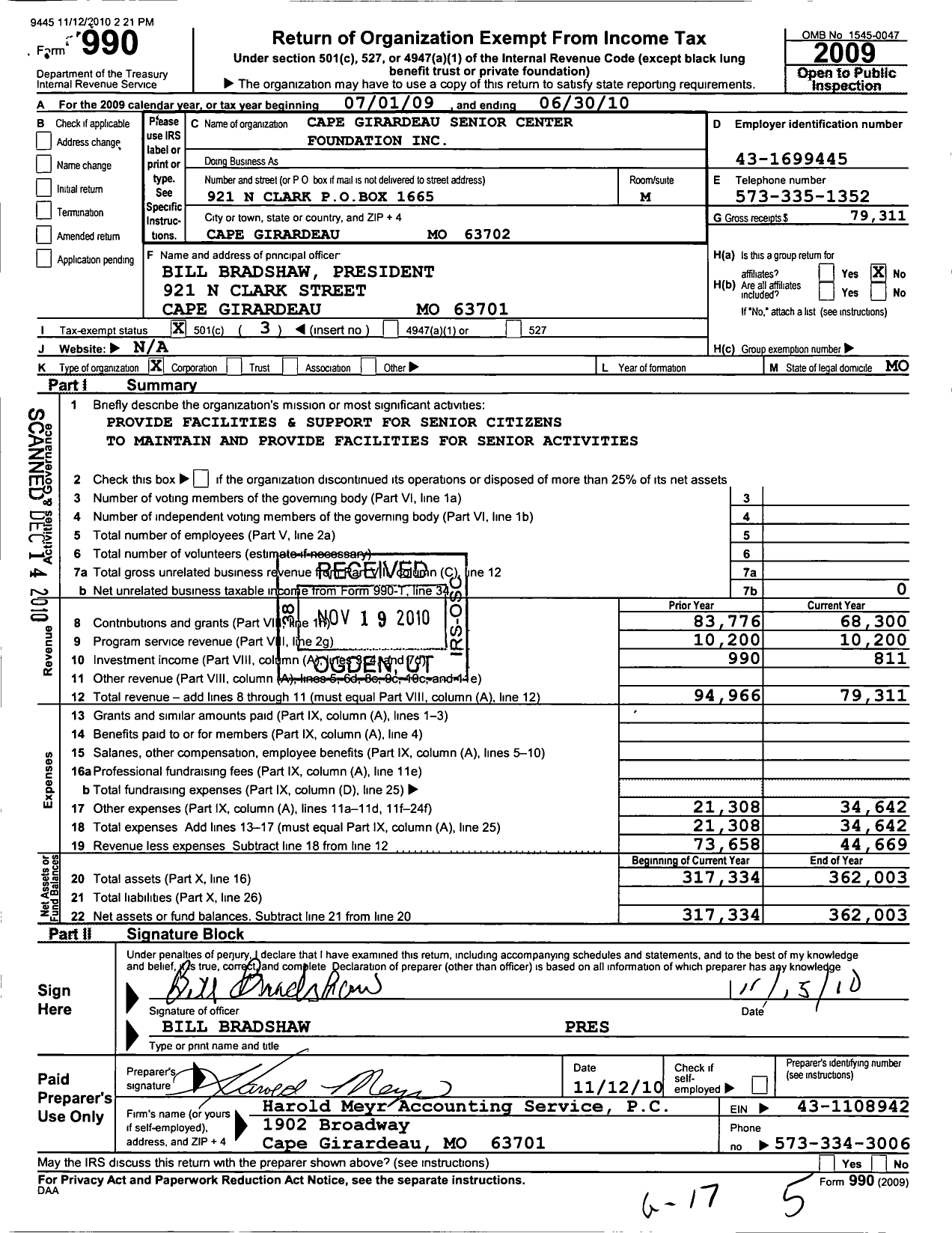 Image of first page of 2009 Form 990 for Cape Girardeau Senior Center Foundation