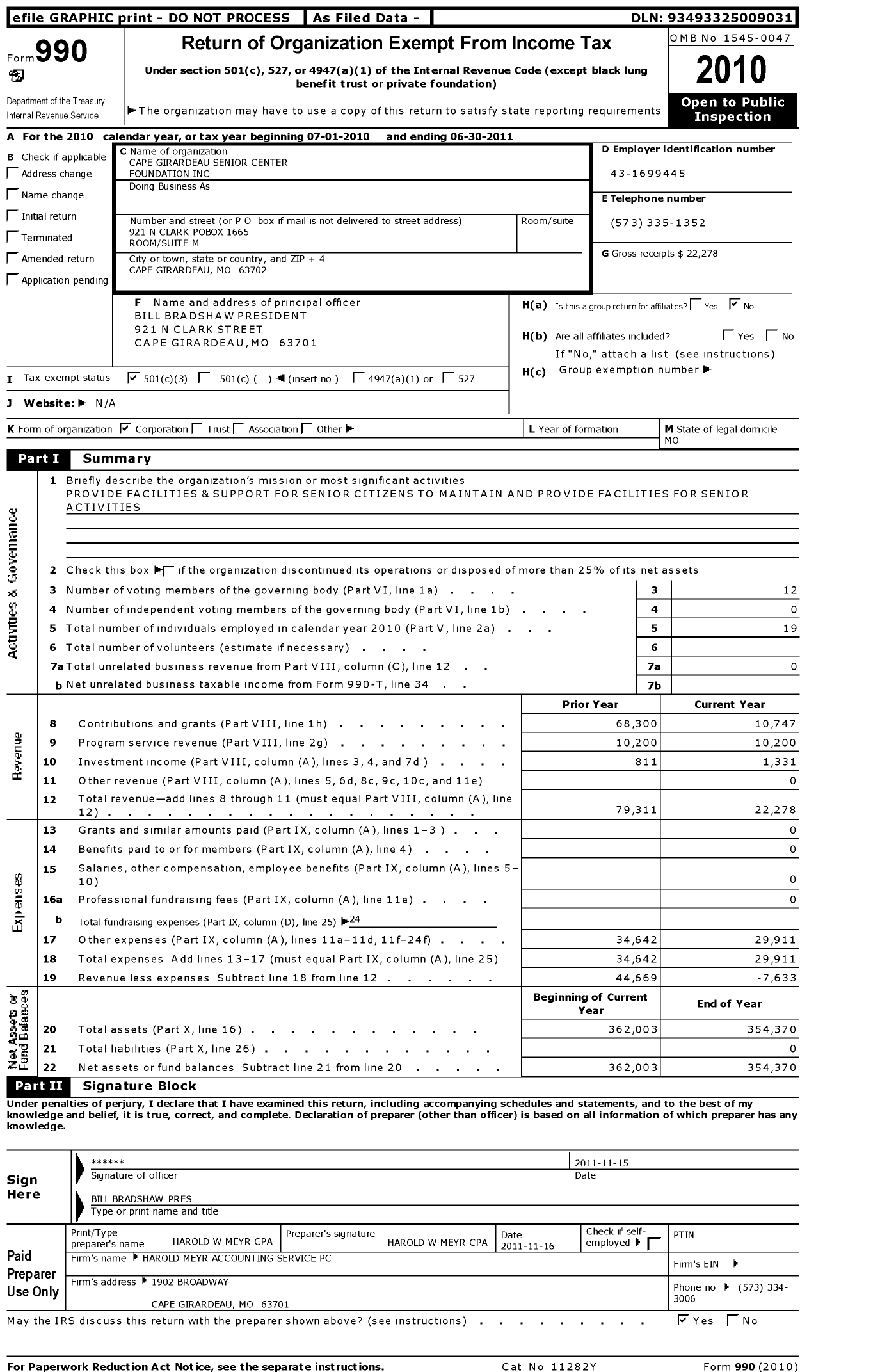 Image of first page of 2010 Form 990 for Cape Girardeau Senior Center Foundation