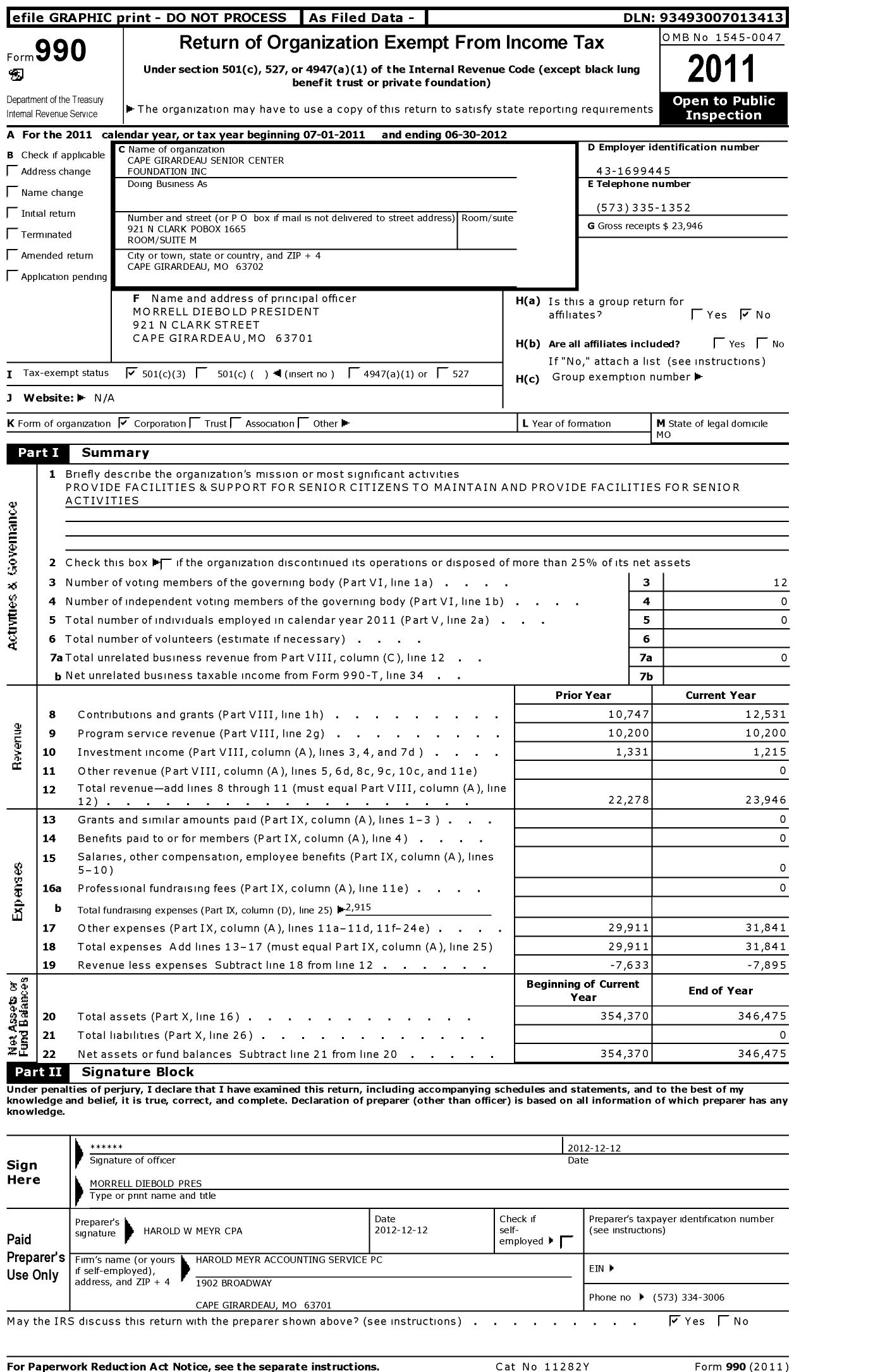Image of first page of 2011 Form 990 for Cape Girardeau Senior Center Foundation