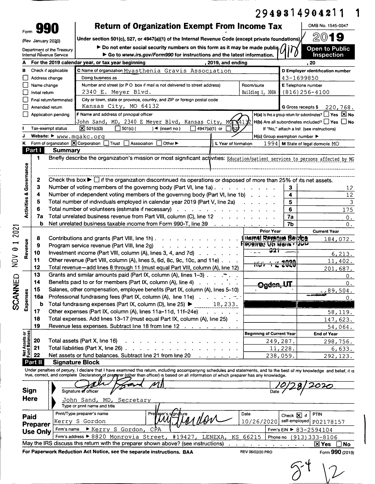 Image of first page of 2019 Form 990 for Myasthenia Gravis Association