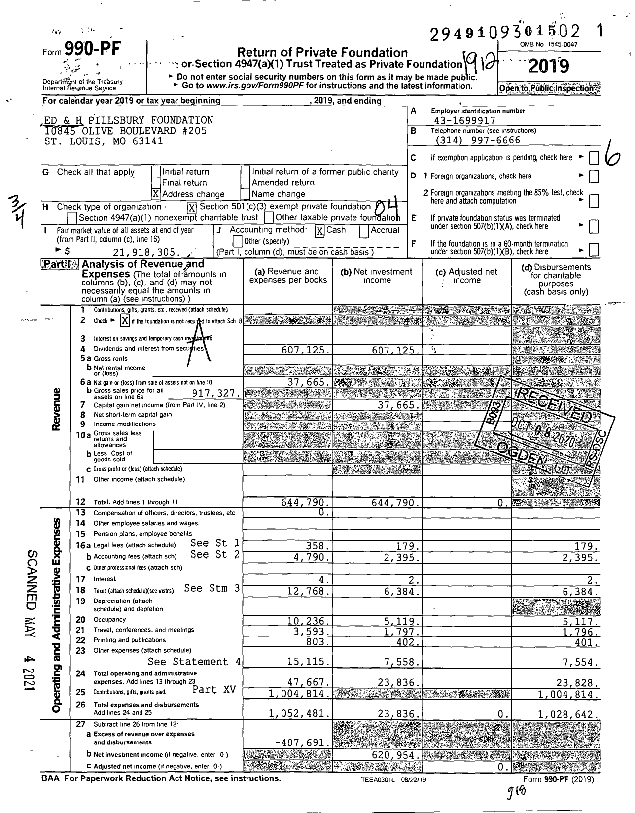 Image of first page of 2019 Form 990PF for Ed and H Pillsbury Foundation