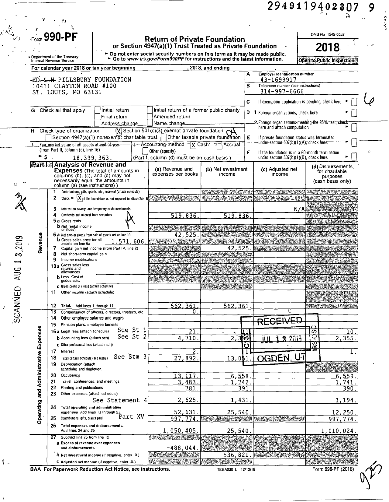 Image of first page of 2018 Form 990PF for Ed and H Pillsbury Foundation