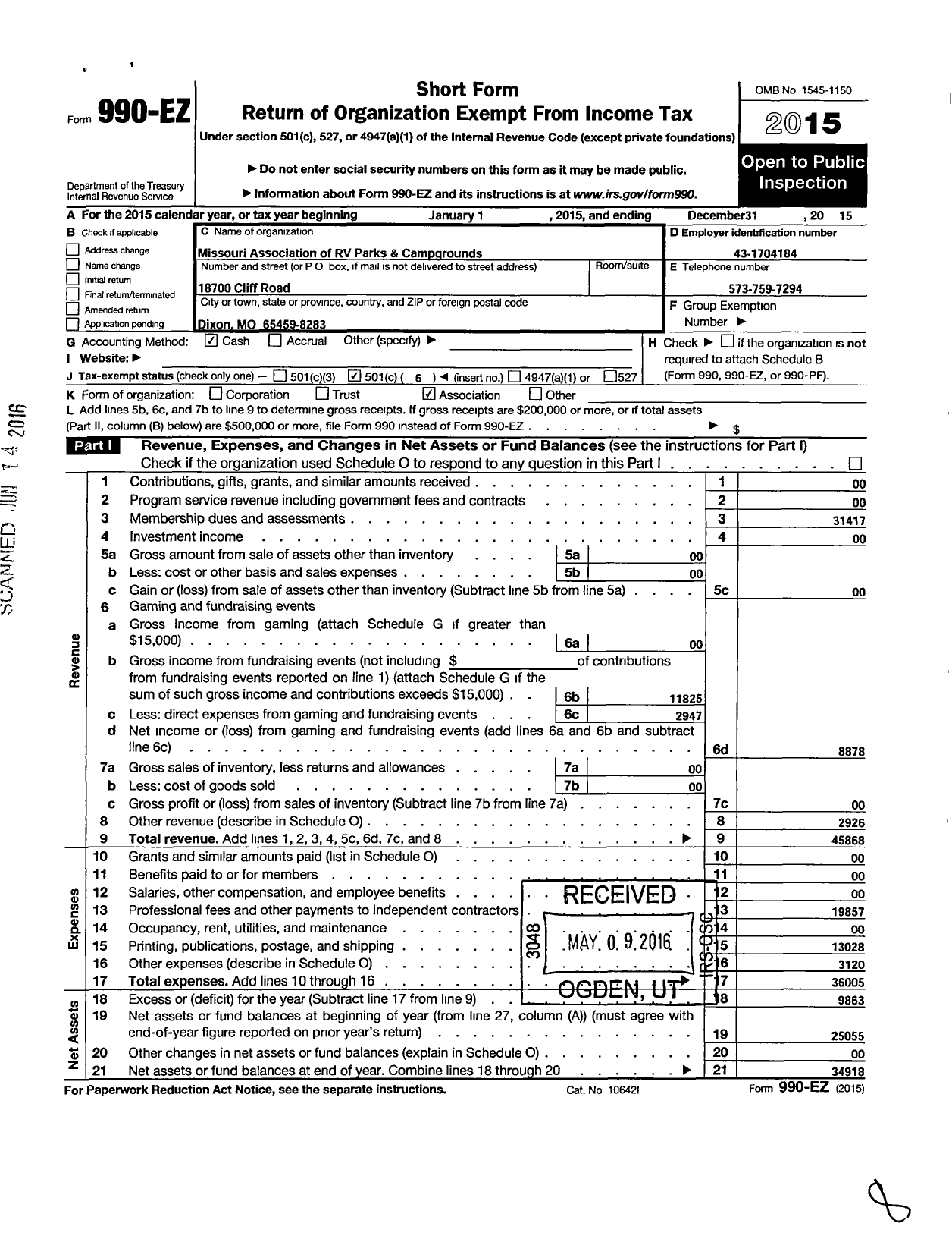 Image of first page of 2015 Form 990EO for Missouri Association of RV Parks and Campgrounds