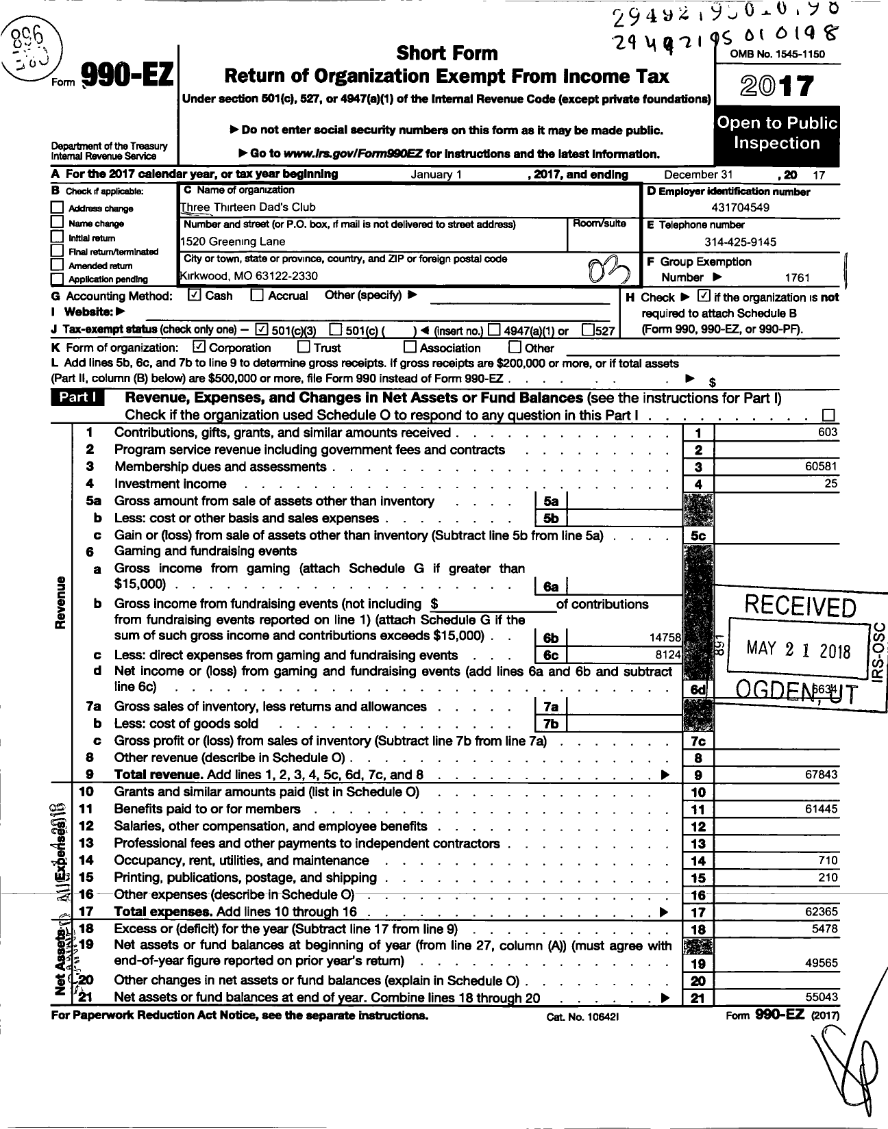 Image of first page of 2017 Form 990EZ for Three Thirteen Dads Club