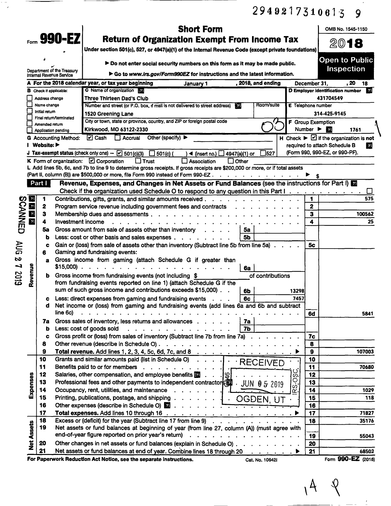 Image of first page of 2018 Form 990EZ for Three Thirteen Dads Club