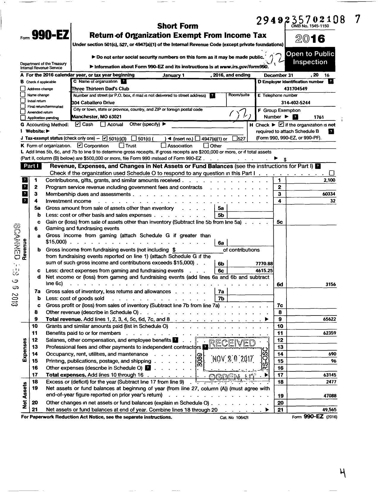 Image of first page of 2016 Form 990EZ for Three Thirteen Dads Club