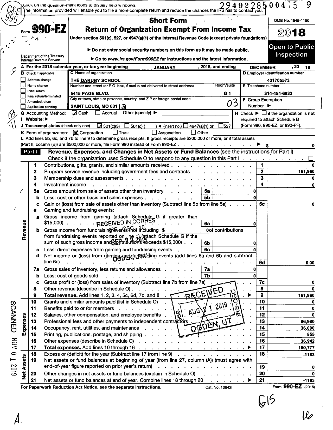 Image of first page of 2018 Form 990EZ for The Daruby School