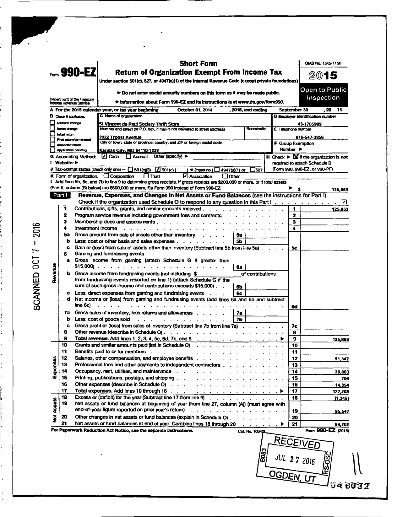 Image of first page of 2014 Form 990EO for St Vincent de Paul Thrift Store