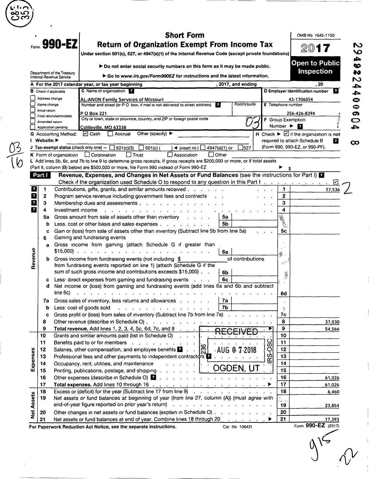 Image of first page of 2017 Form 990EZ for Al-Anon Family Groups of Missouri