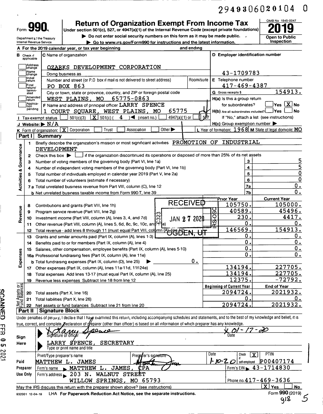 Image of first page of 2019 Form 990O for Ozarks Development Corporation