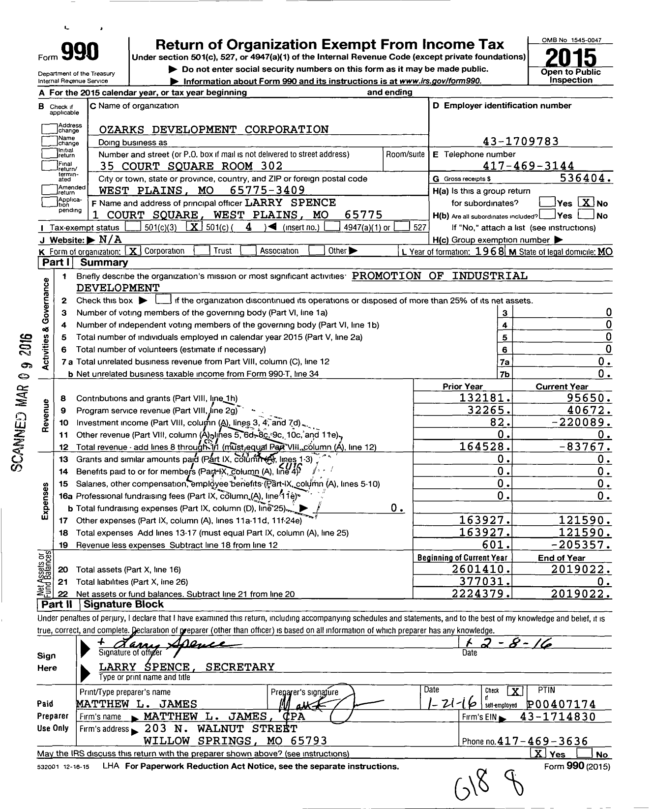 Image of first page of 2015 Form 990O for Ozarks Development Corporation